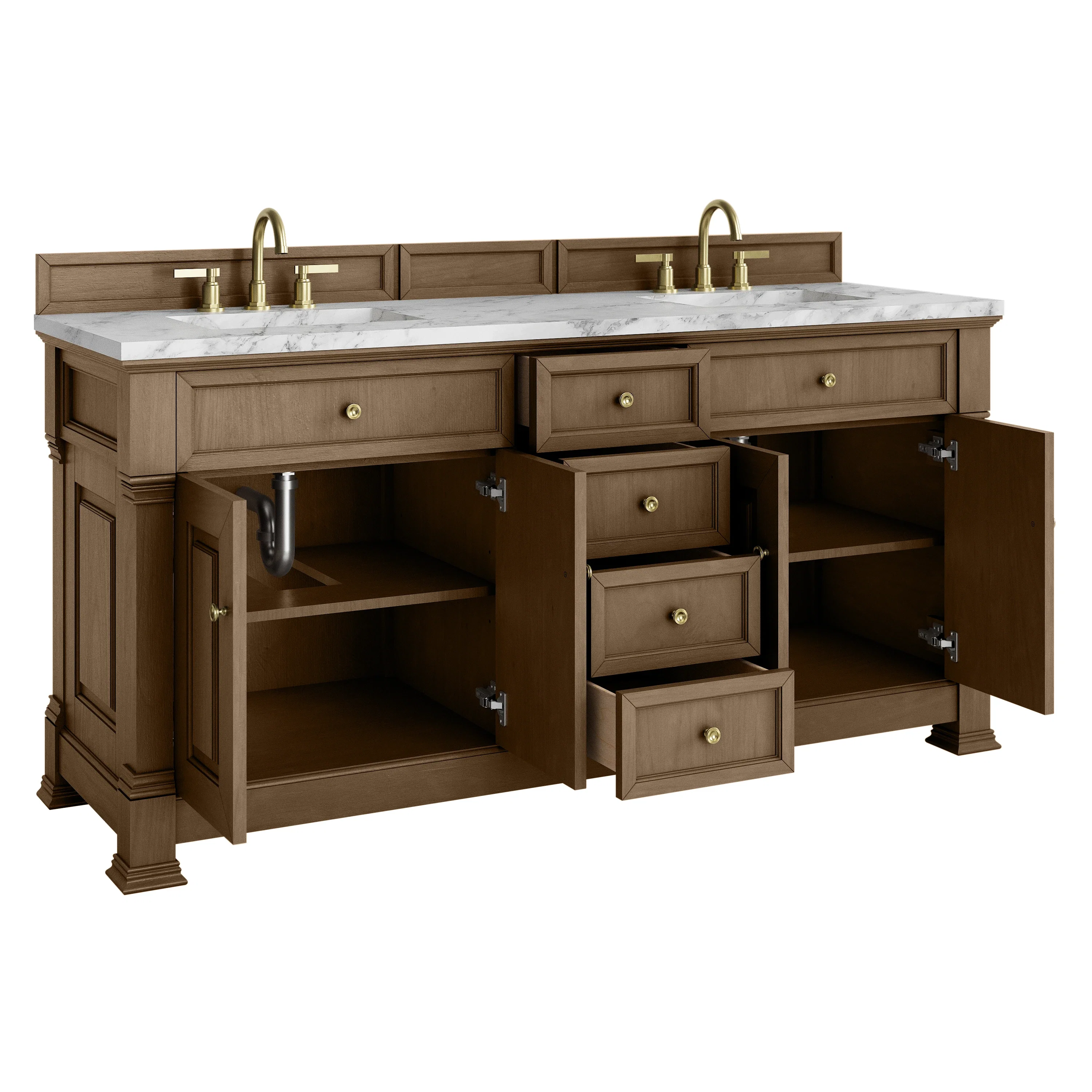 Brookfield 72" Double Vanity, Pecan w/ 3 CM Carrara White Marble Top