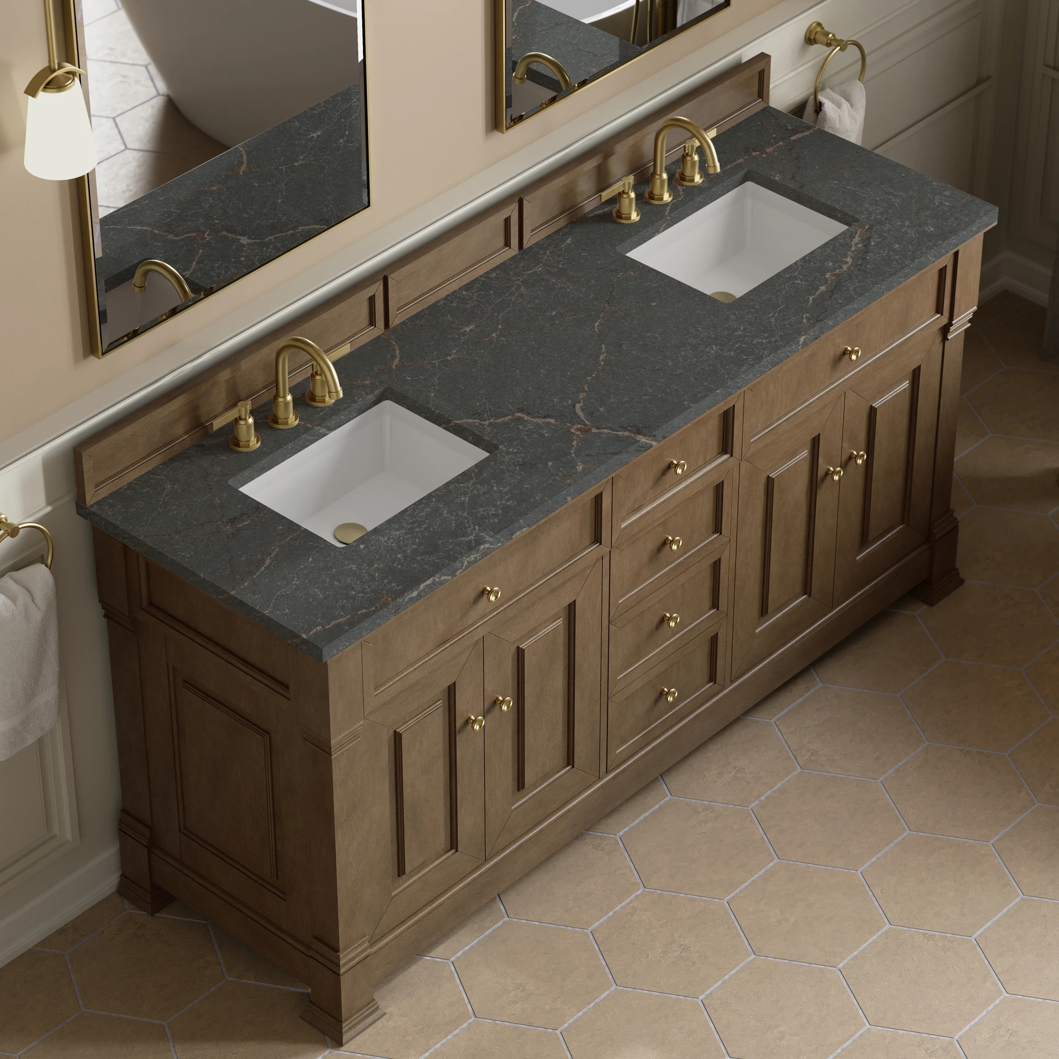 Brookfield 72" Double Vanity, Pecan w/ 3 CM Parisien Bleu Silestone Top