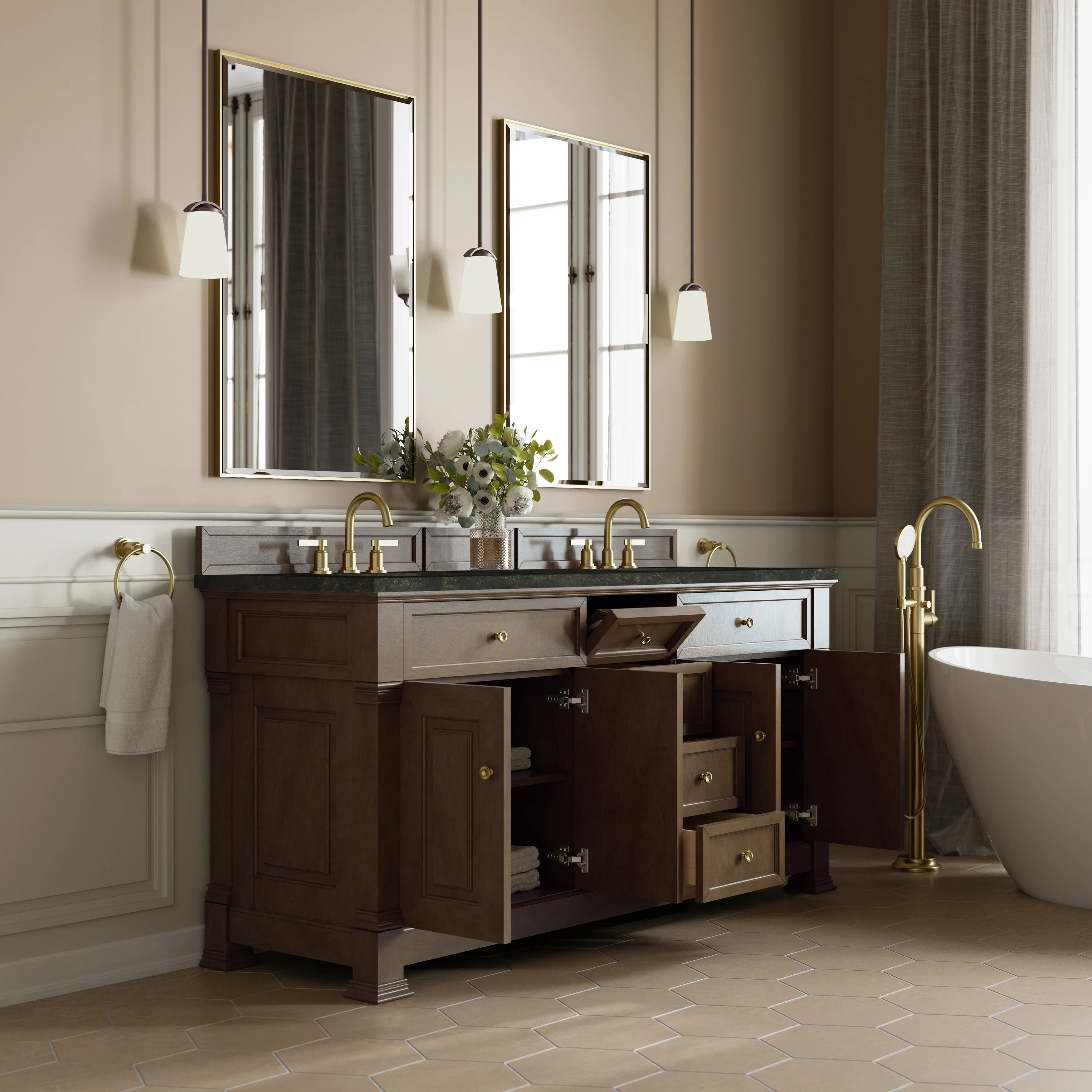 Brookfield 72" Double Vanity, Pecan, w/ 3 CM Phantome Eclos Top