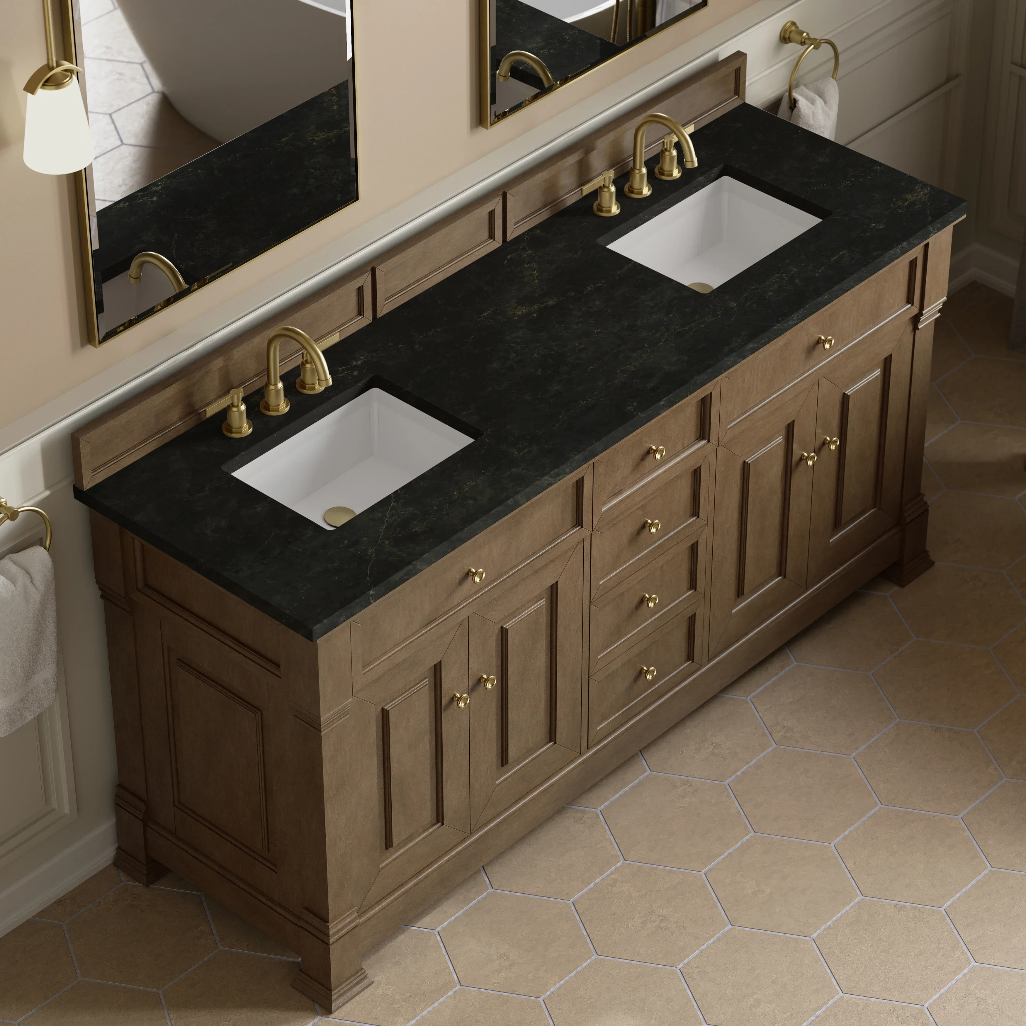 Brookfield 72" Double Vanity, Pecan, w/ 3 CM Phantome Eclos Top