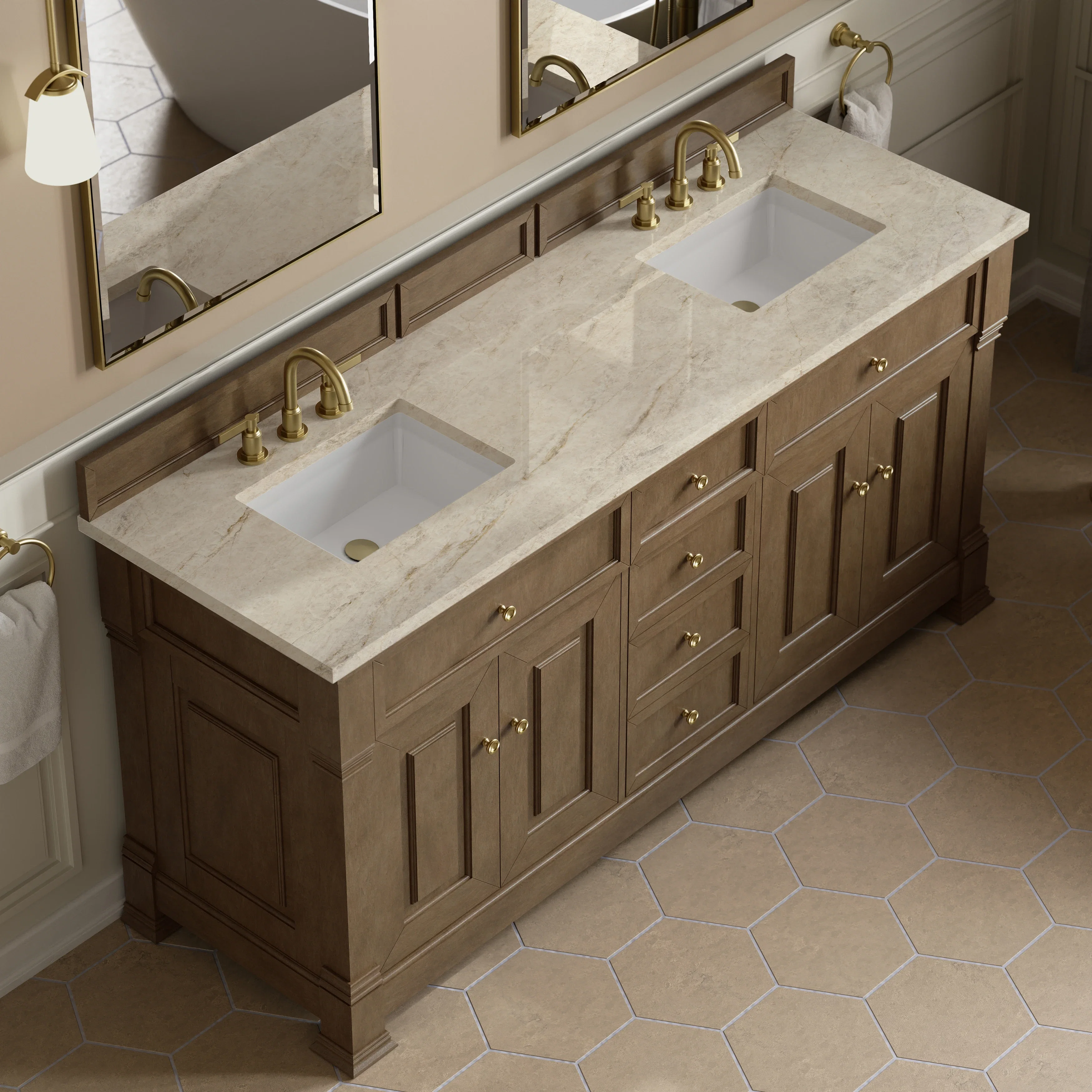 Brookfield 72" Double Vanity, Pecan, w/ 3 CM Tajnar Eclos Top