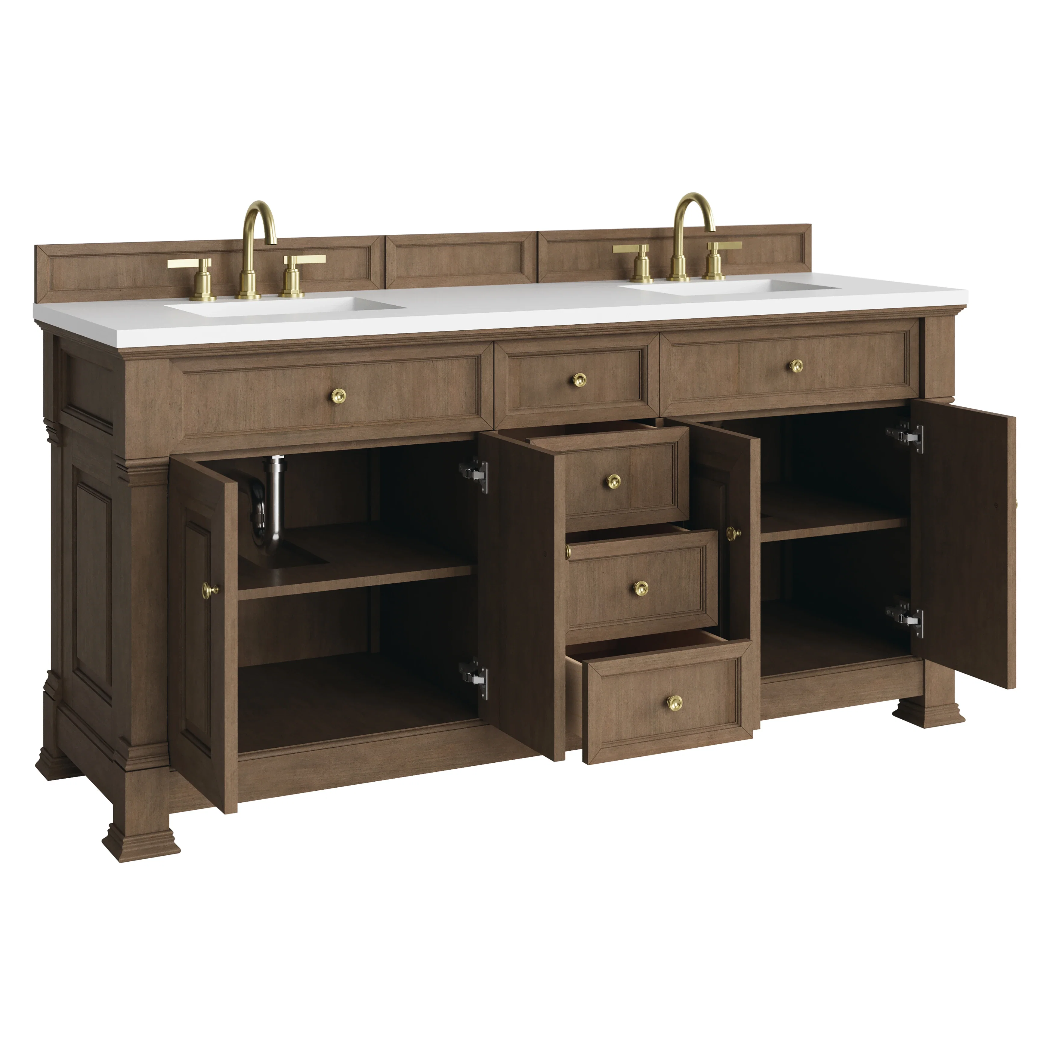 Brookfield 72" Double Vanity, Pecan w/ 3 CM White Zeus Silestone Top