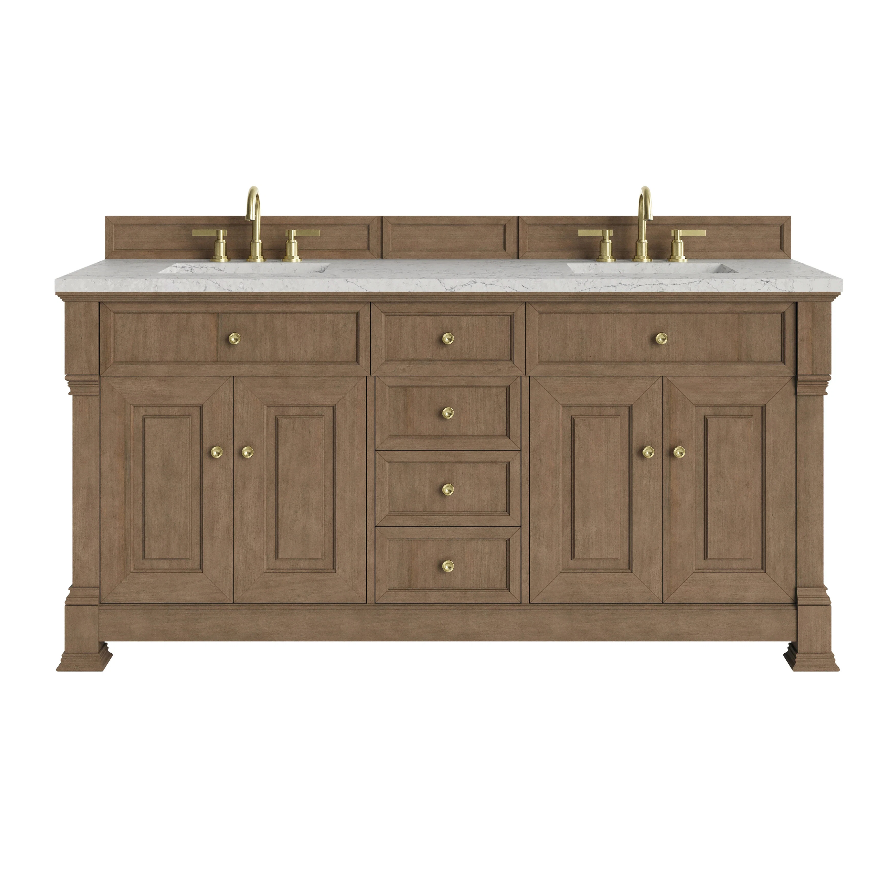 Brookfield 72" Double Vanity, Pecan w/ 3 CM Eternal Jasmine Pearl Silestone Top w/ FreePower Wireless Charger