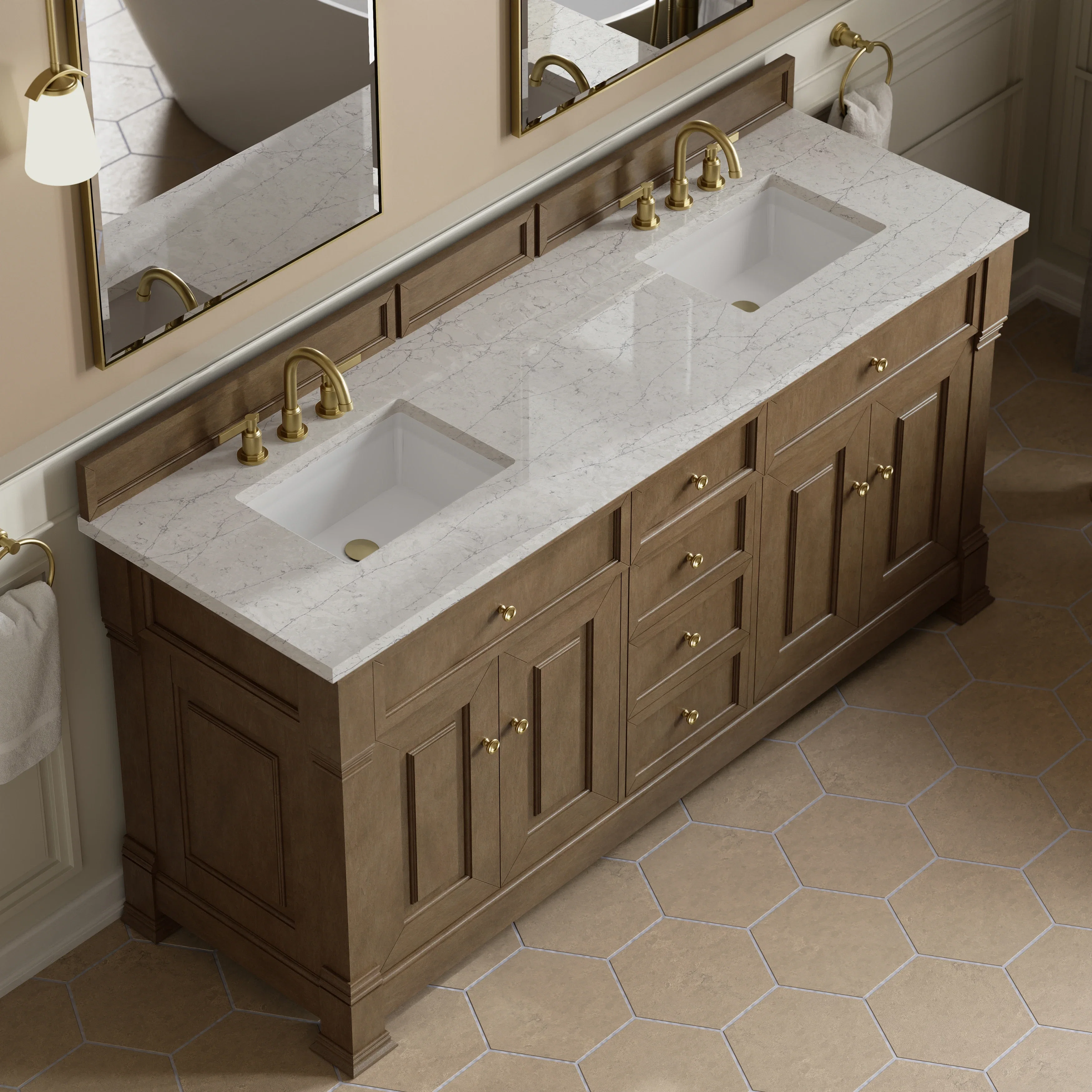 Brookfield 72" Double Vanity, Pecan w/ 3 CM Eternal Jasmine Pearl Silestone Top w/ FreePower Wireless Charger