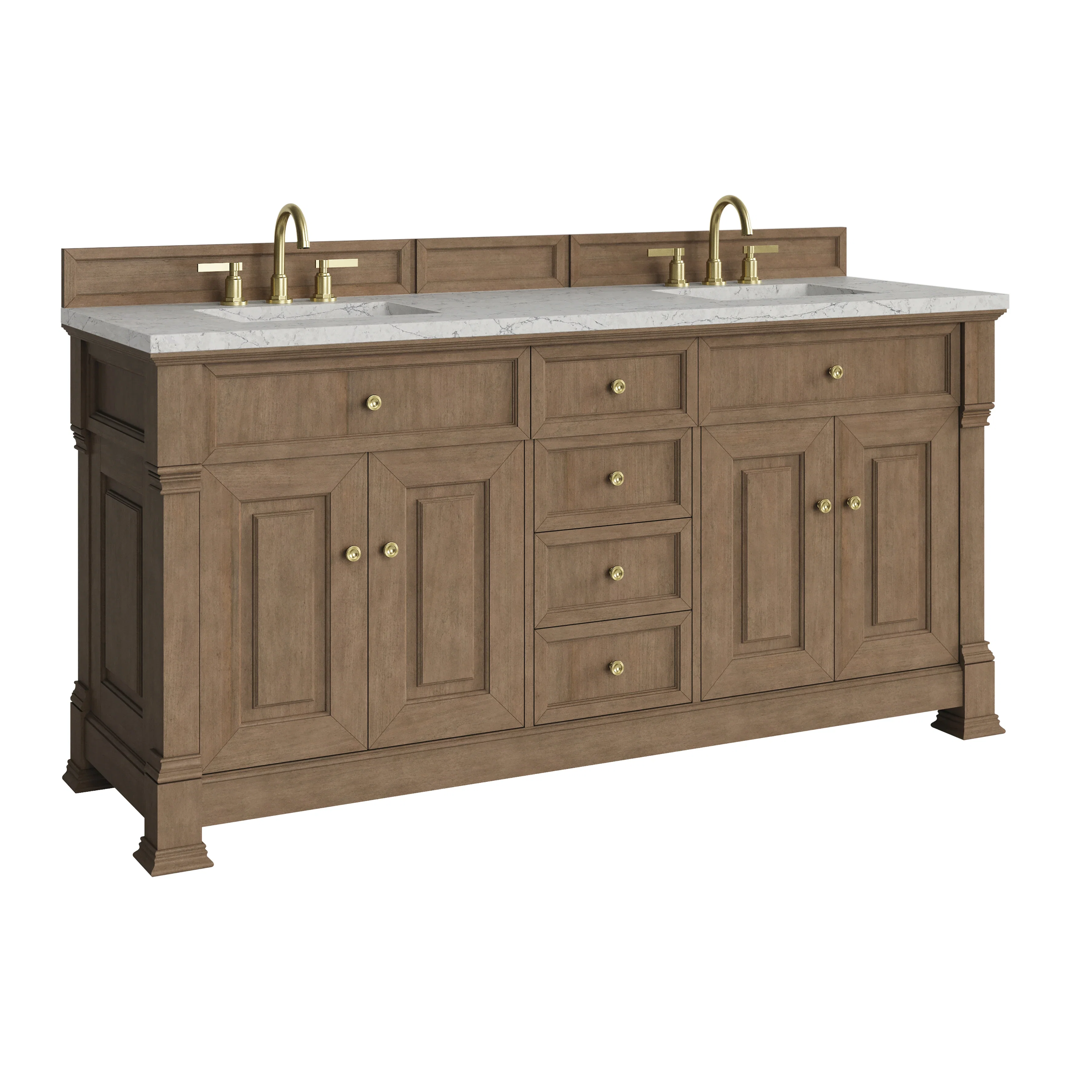 Brookfield 72" Double Vanity, Pecan w/ 3 CM Eternal Jasmine Pearl Silestone Top w/ FreePower Wireless Charger