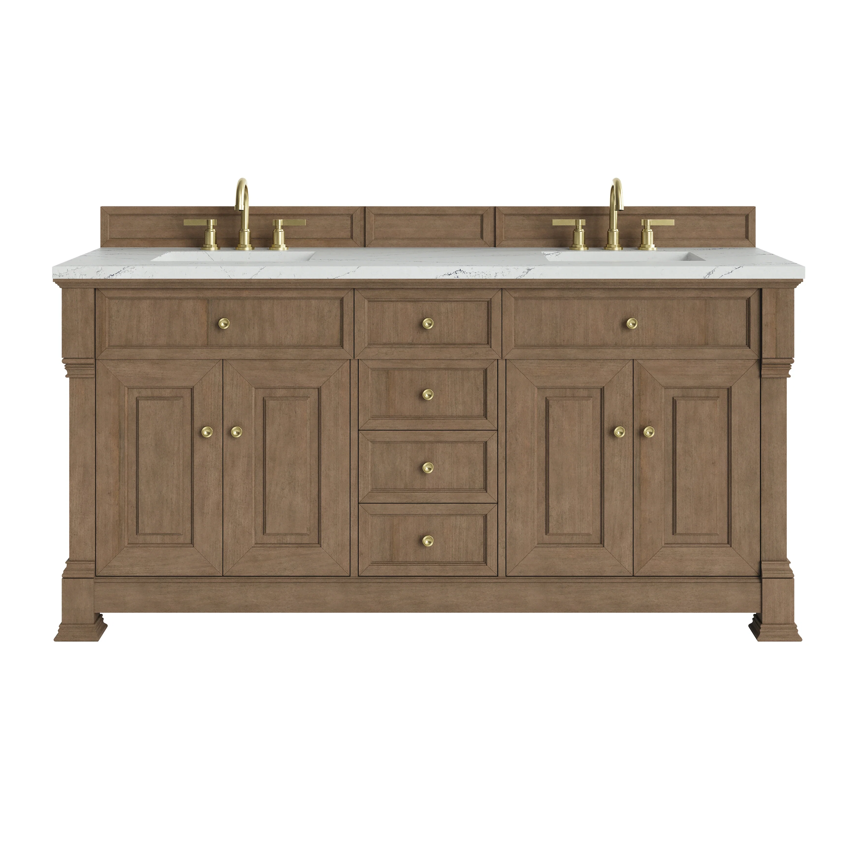 Brookfield 72" Double Vanity, Pecan w/ 3 CM Ethereal Noctis Silestone Top w/ FreePower Wireless Charger