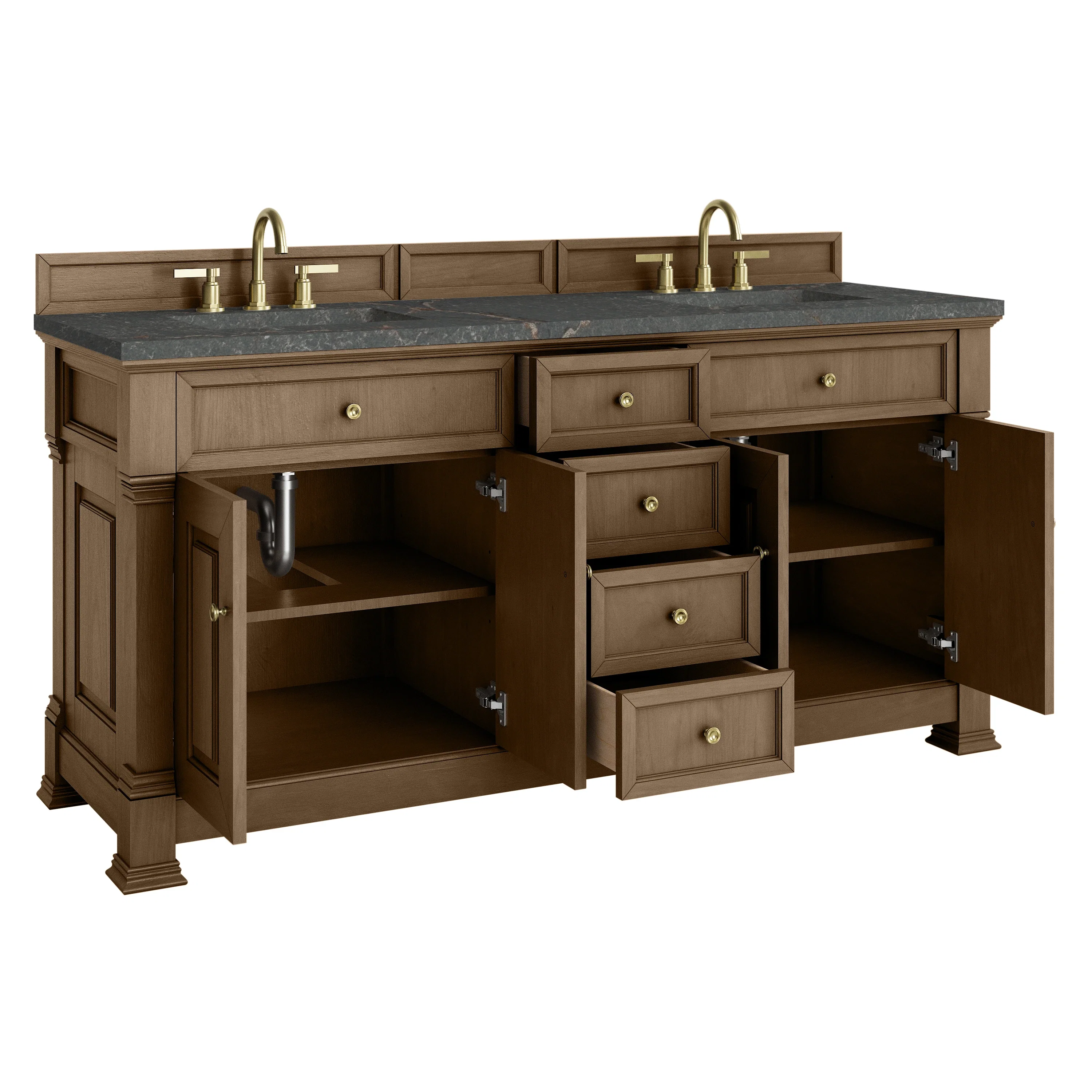 Brookfield 72" Double Vanity, Pecan w/ 3 CM Parisien Bleu Silestone Top w/ FreePower Wireless Charger