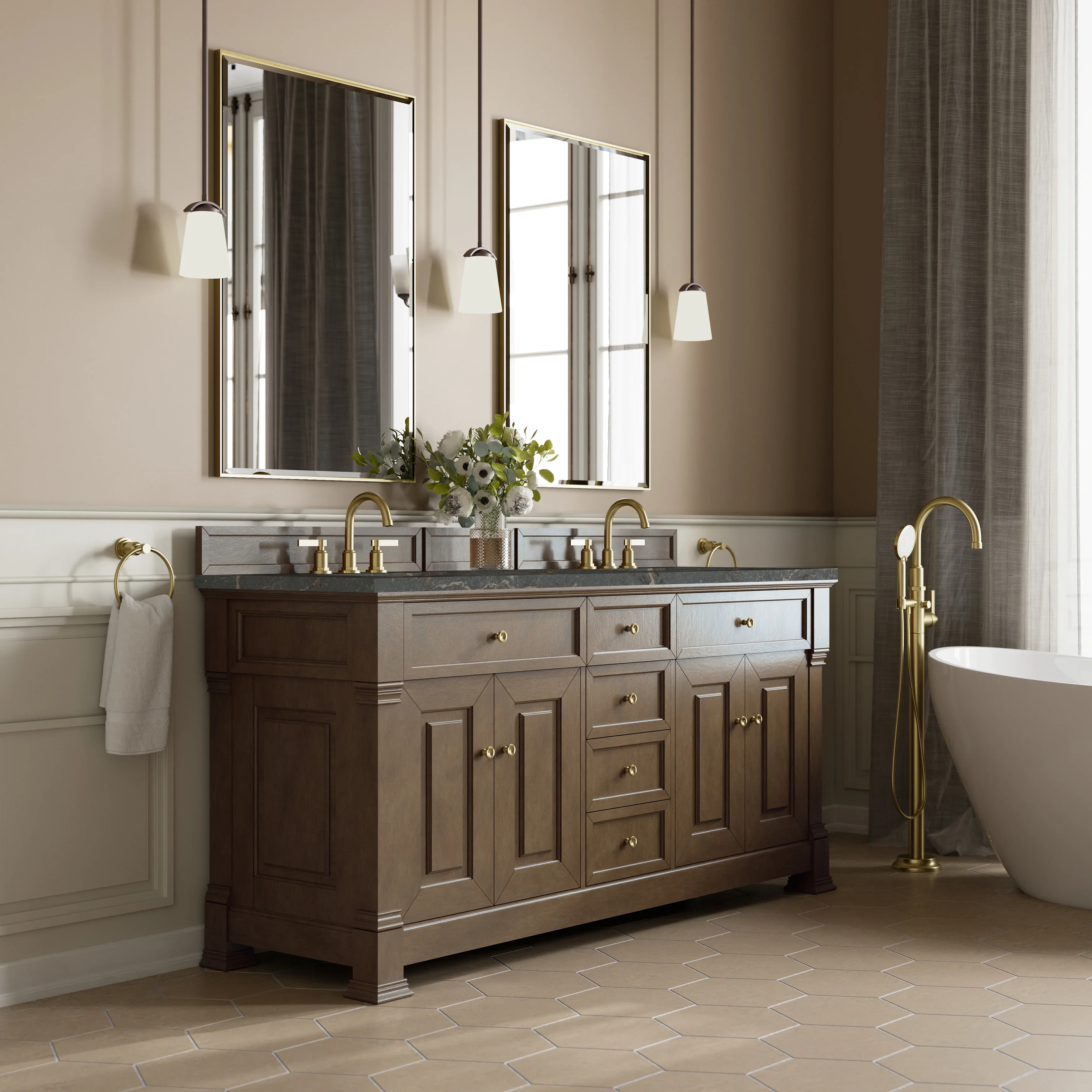 Brookfield 72" Double Vanity, Pecan w/ 3 CM Parisien Bleu Silestone Top w/ FreePower Wireless Charger