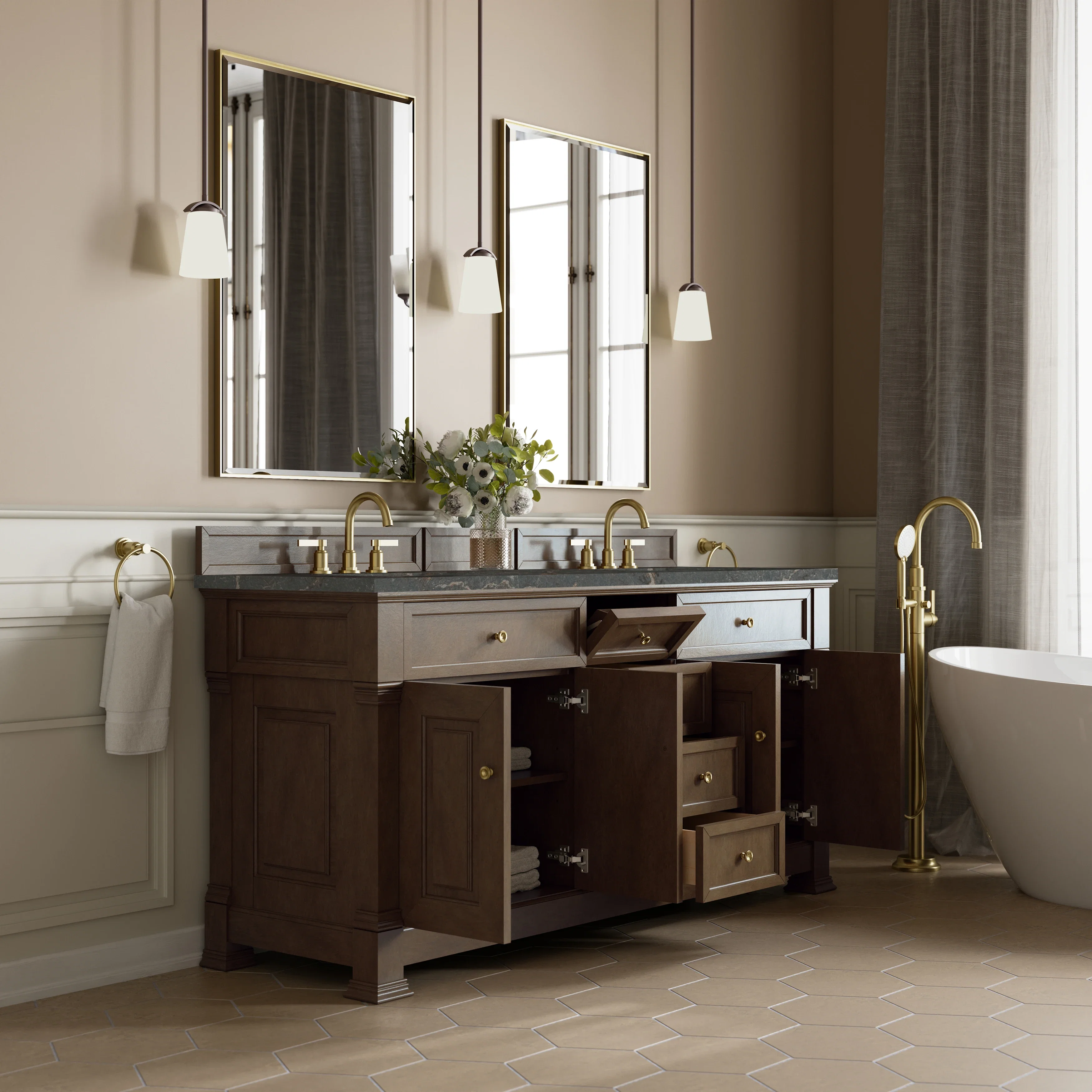 Brookfield 72" Double Vanity, Pecan w/ 3 CM Parisien Bleu Silestone Top w/ FreePower Wireless Charger