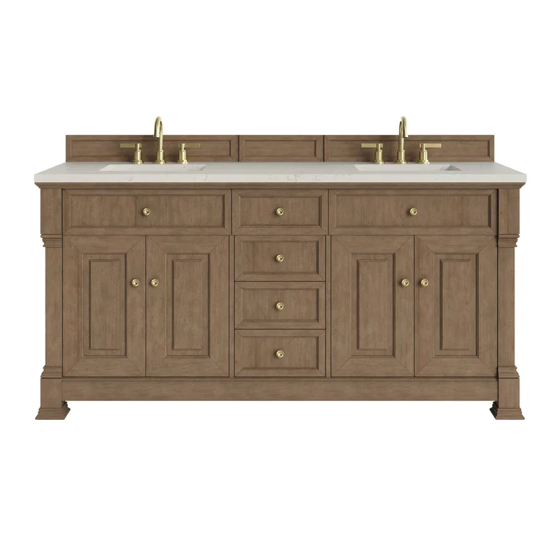 Brookfield 72" Double Vanity, Pecan, w/ 3 CM Siberian Silestone Top w/FreePower Wireless Charger