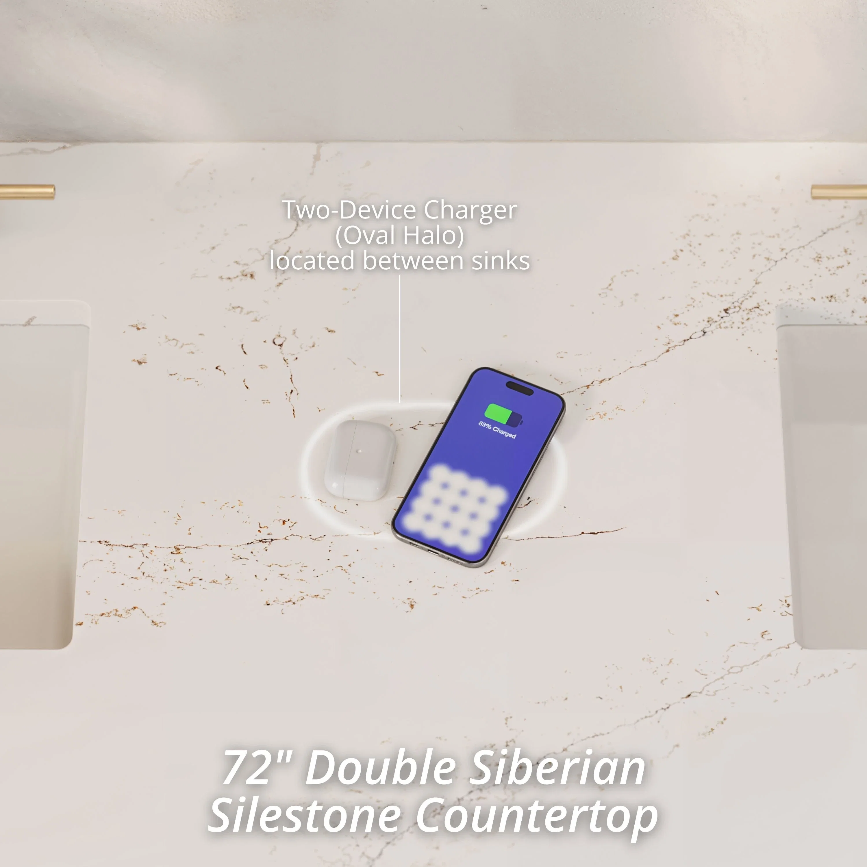 Brookfield 72" Double Vanity, Pecan, w/ 3 CM Siberian Silestone Top w/FreePower Wireless Charger