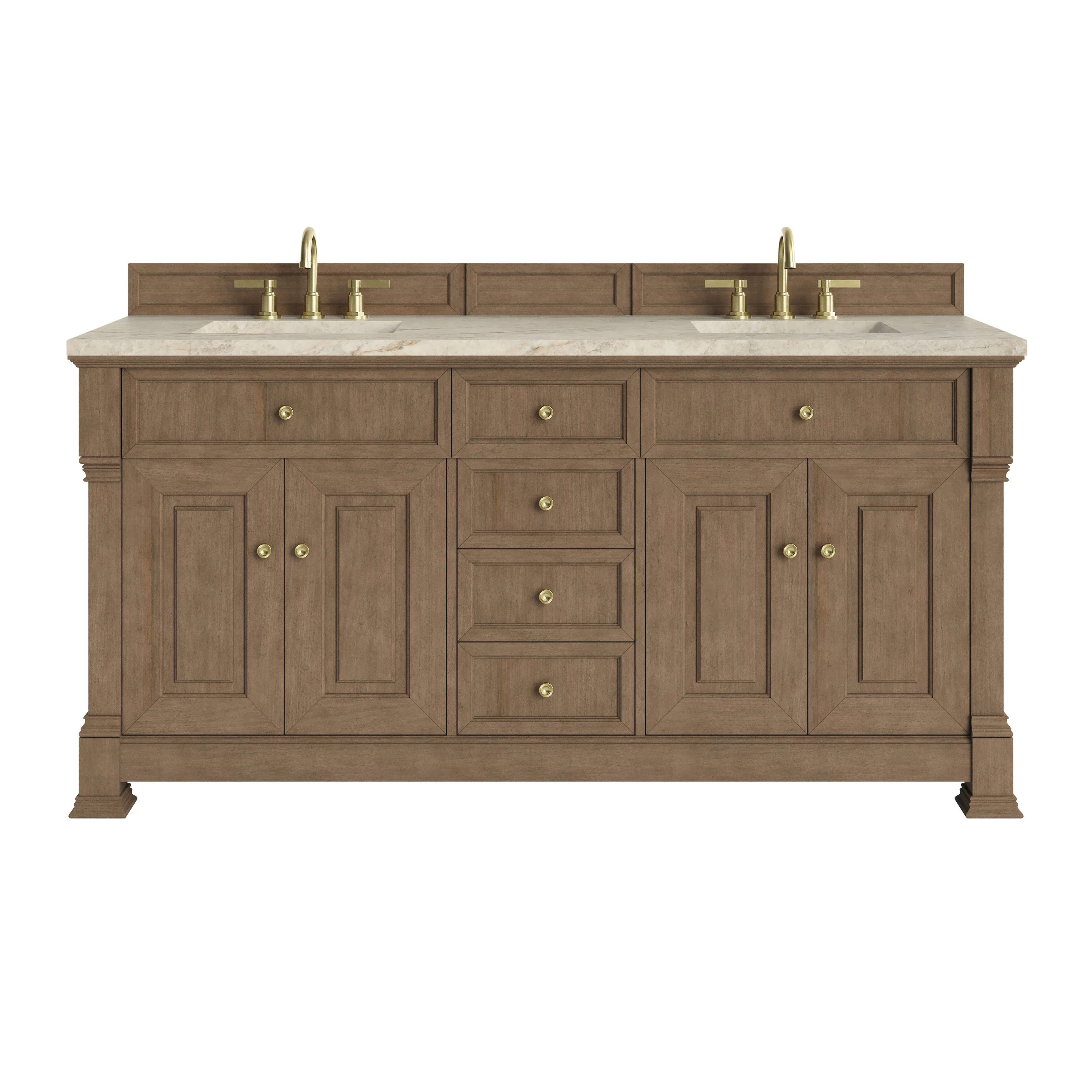 Brookfield 72" Double Vanity, Pecan, w/ 3 CM Tajnar Eclos Top w/FreePower Wireless Charger
