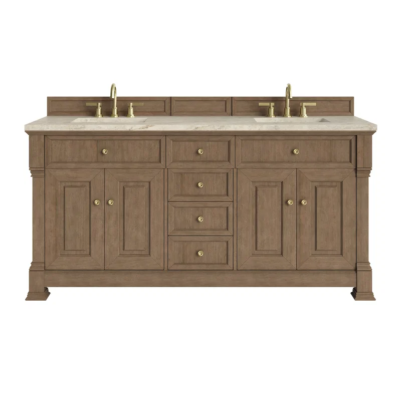 Brookfield 72" Double Vanity, Pecan, w/ 3 CM Tajnar Eclos Top w/FreePower Wireless Charger