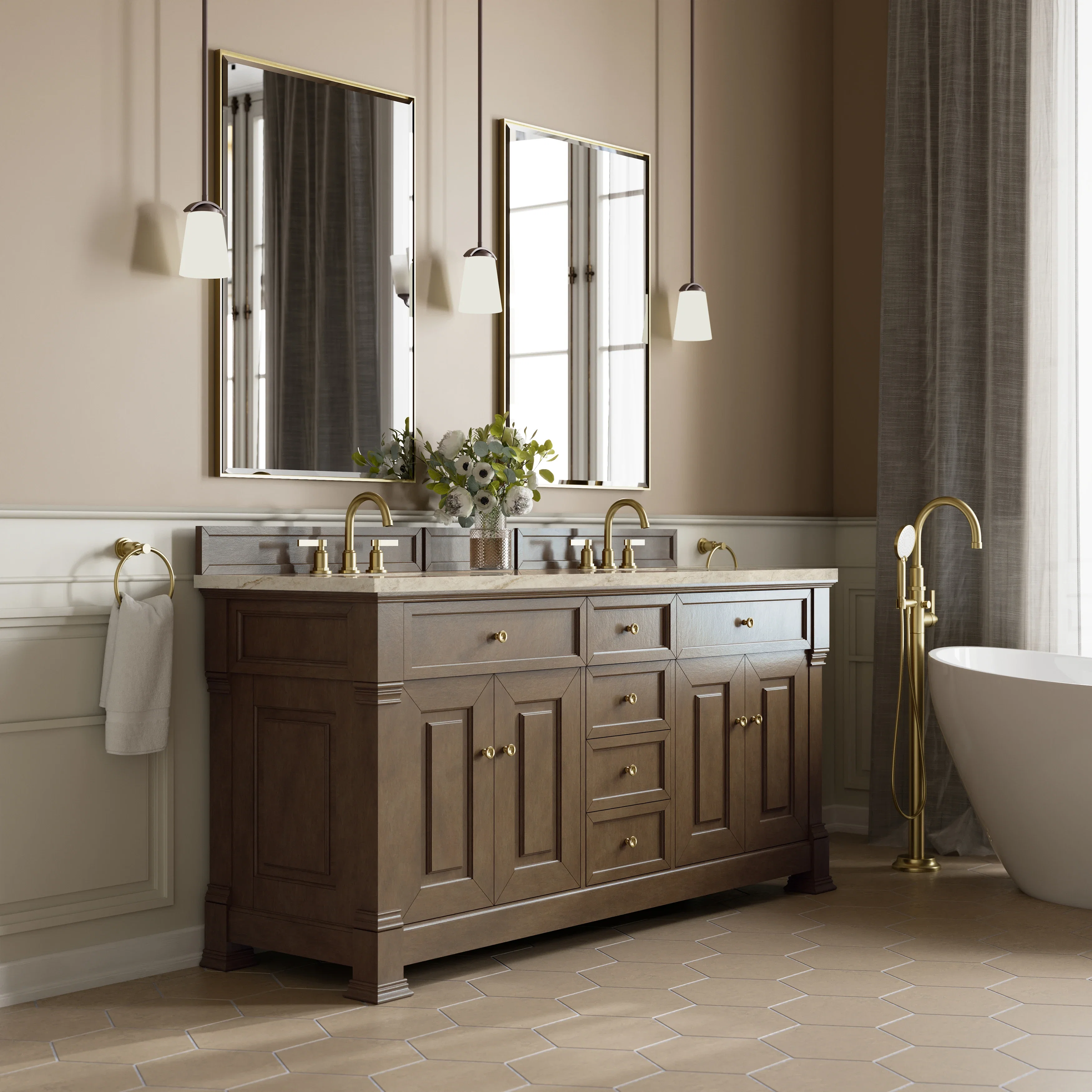 Brookfield 72" Double Vanity, Pecan, w/ 3 CM Tajnar Eclos Top w/FreePower Wireless Charger