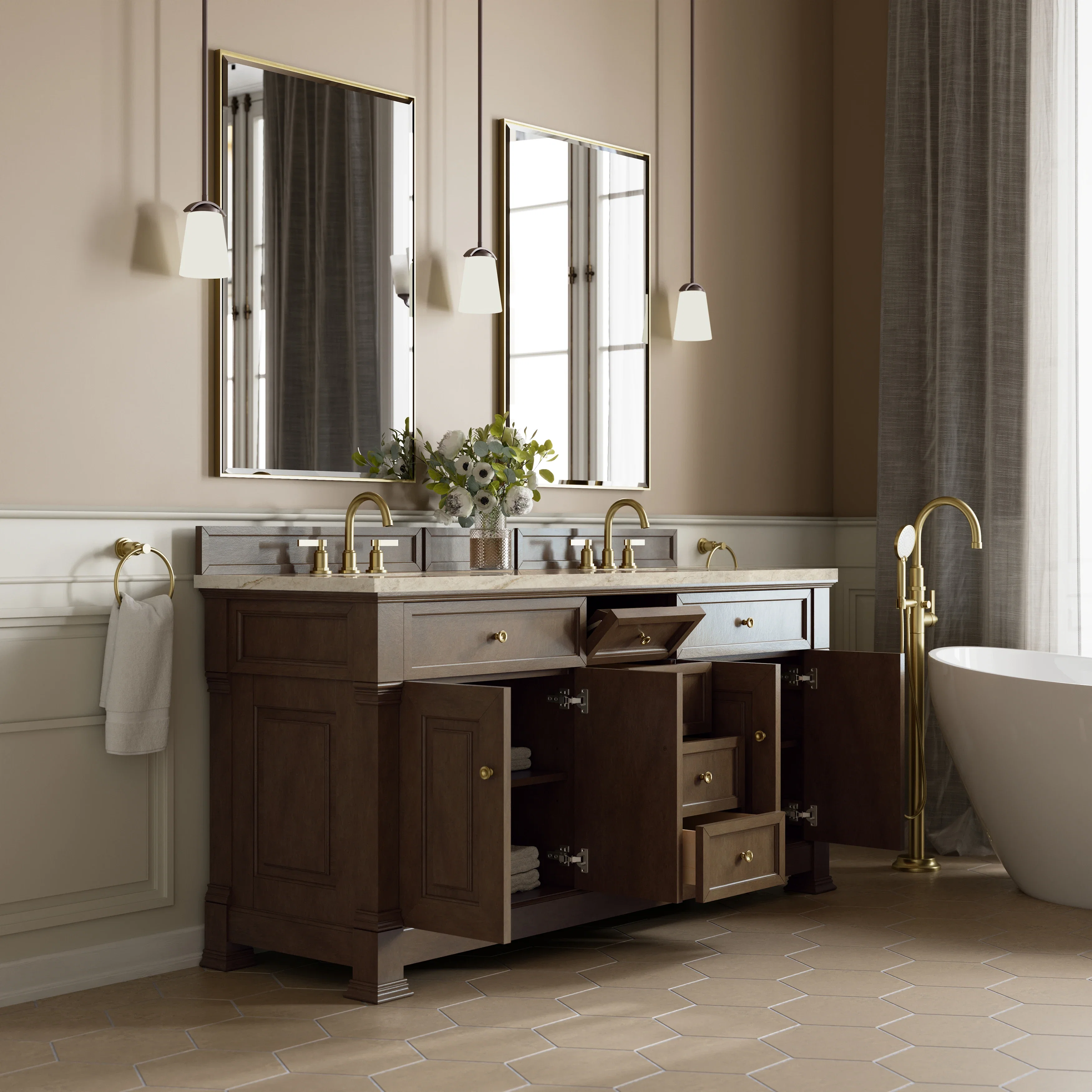 Brookfield 72" Double Vanity, Pecan, w/ 3 CM Tajnar Eclos Top w/FreePower Wireless Charger