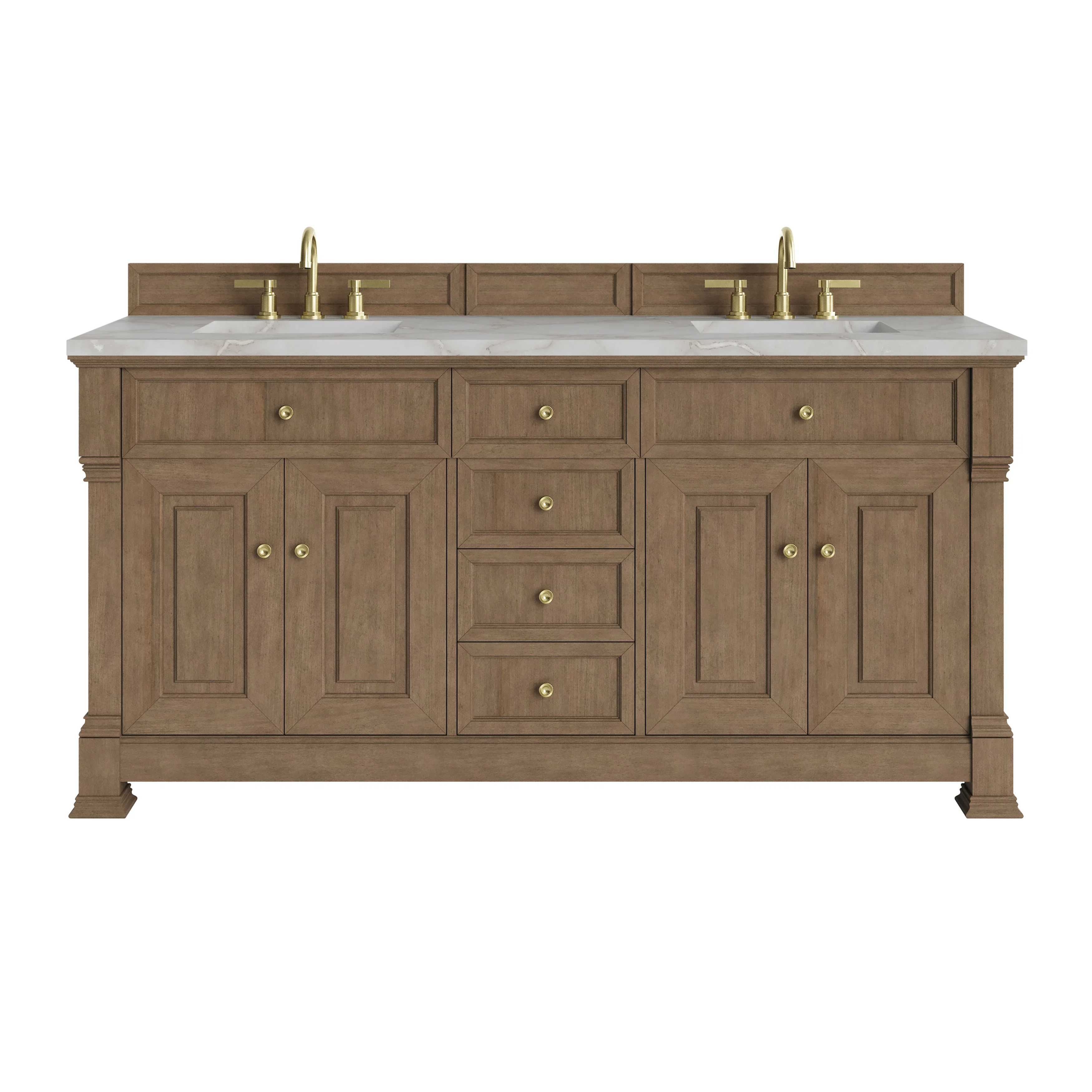 Brookfield 72" Double Vanity, Pecan w/ 3 CM Victorian Silver  Silestone Top w/ FreePower Wireless Charger