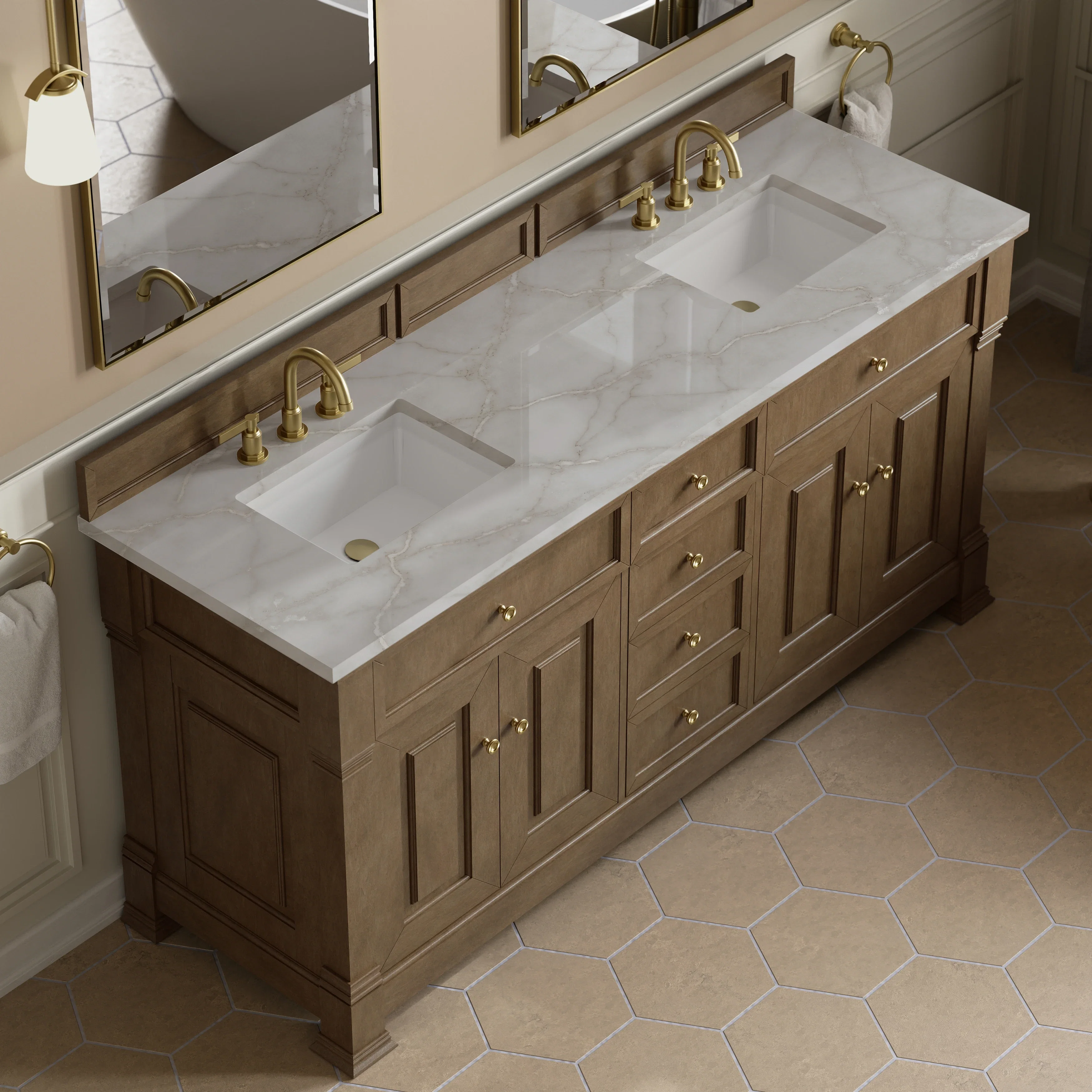 Brookfield 72" Double Vanity, Pecan w/ 3 CM Victorian Silver  Silestone Top w/ FreePower Wireless Charger