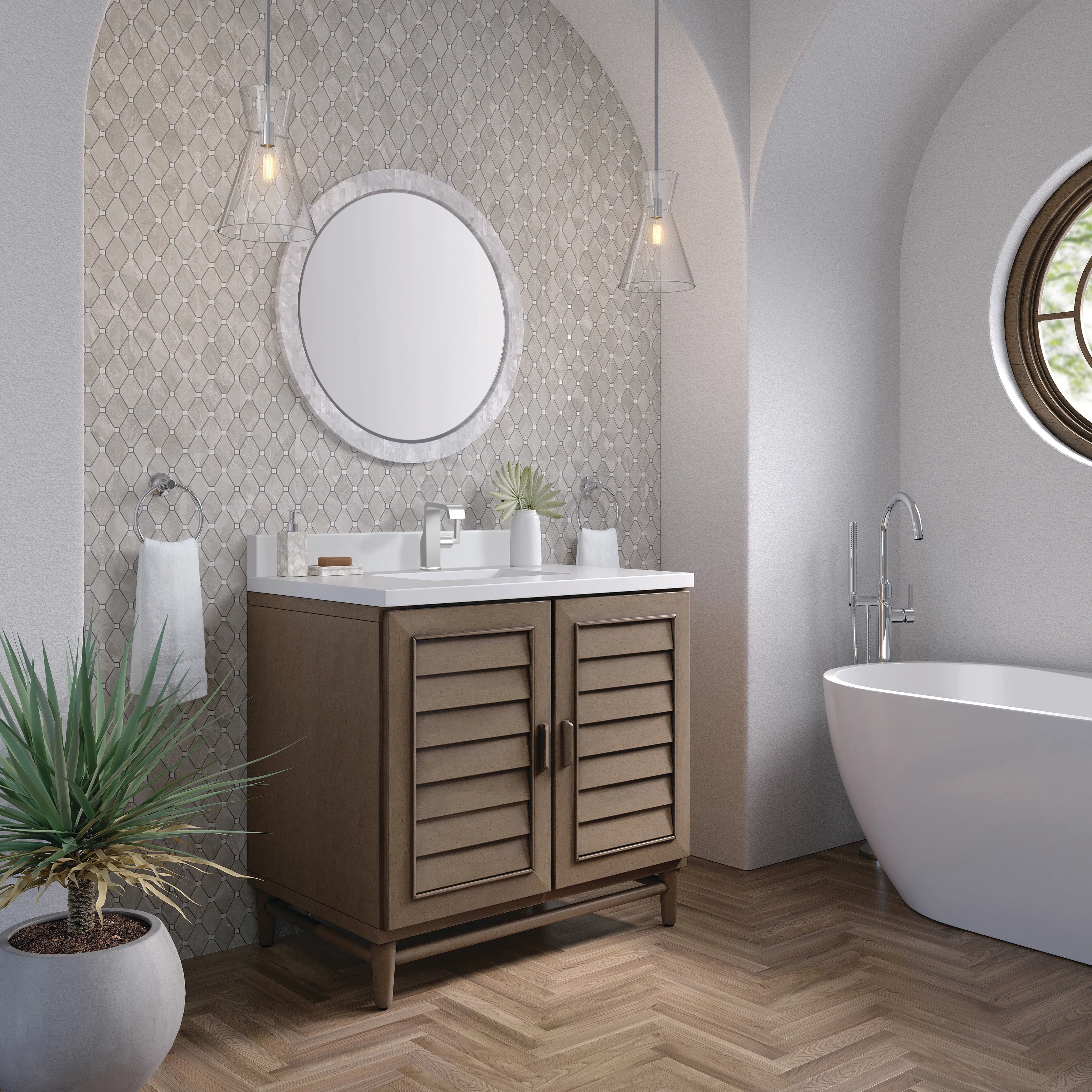Portland 36" Single Vanity Whitewashed Walnut w/ Single Hole 3 CM White Zeus Silestone Top & Backsplash