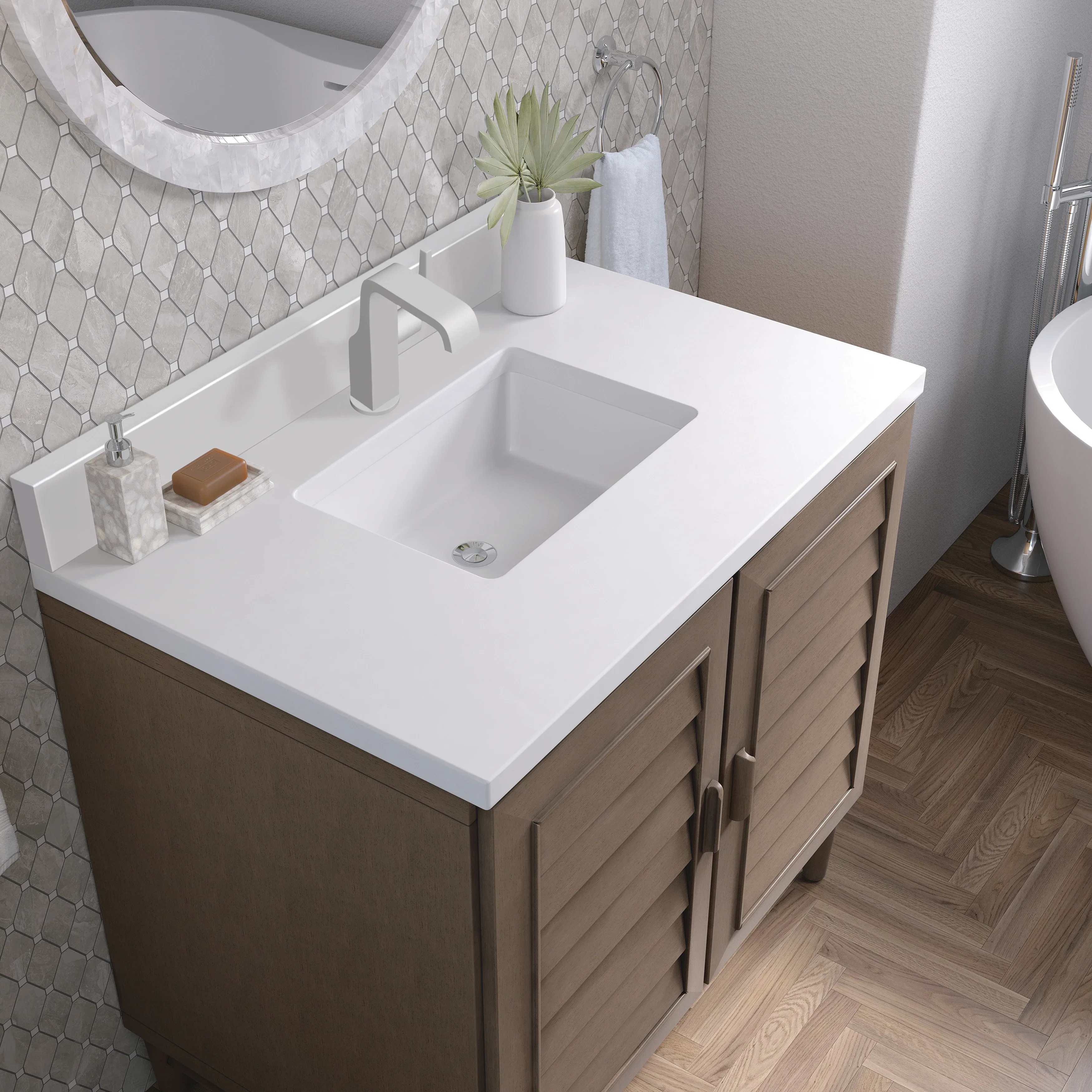 Portland 36" Single Vanity Whitewashed Walnut w/ Single Hole 3 CM White Zeus Silestone Top & Backsplash