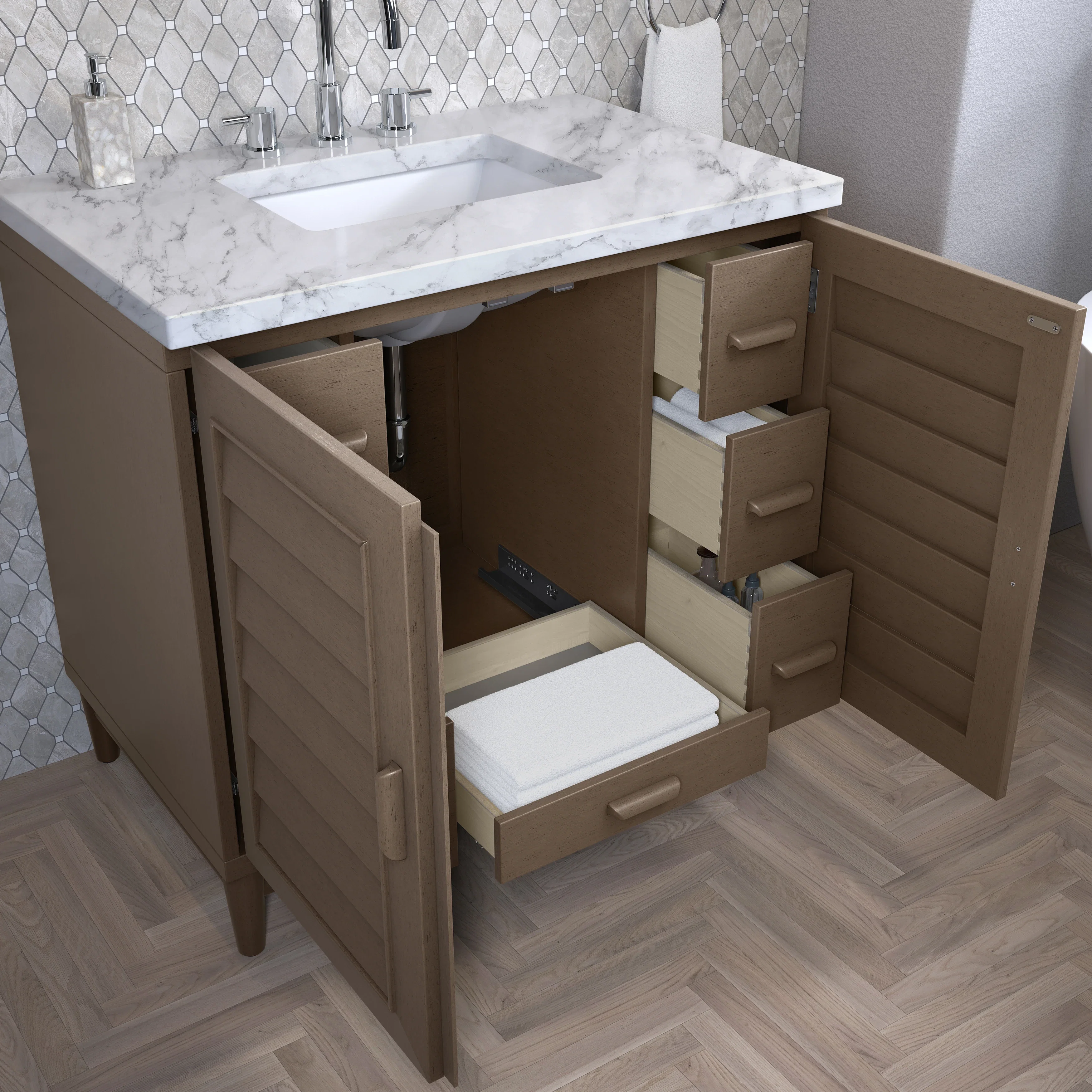 Portland 36" Single Vanity Whitewashed Walnut w/ 3 CM Carrara Marble Top