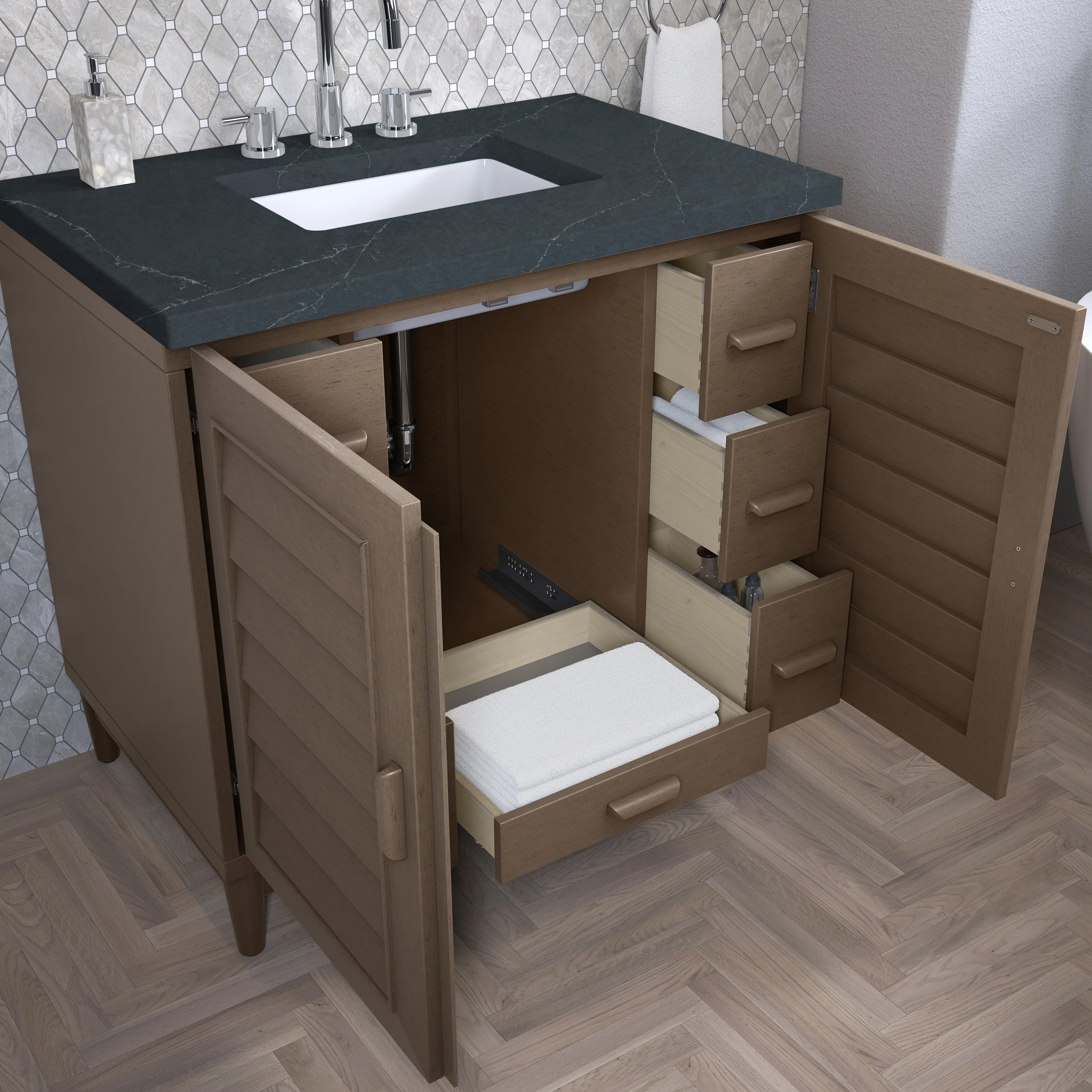 Portland 36" Single Vanity Whitewashed Walnut w/ 3 CM Charcoal Soapstone Silestone Top