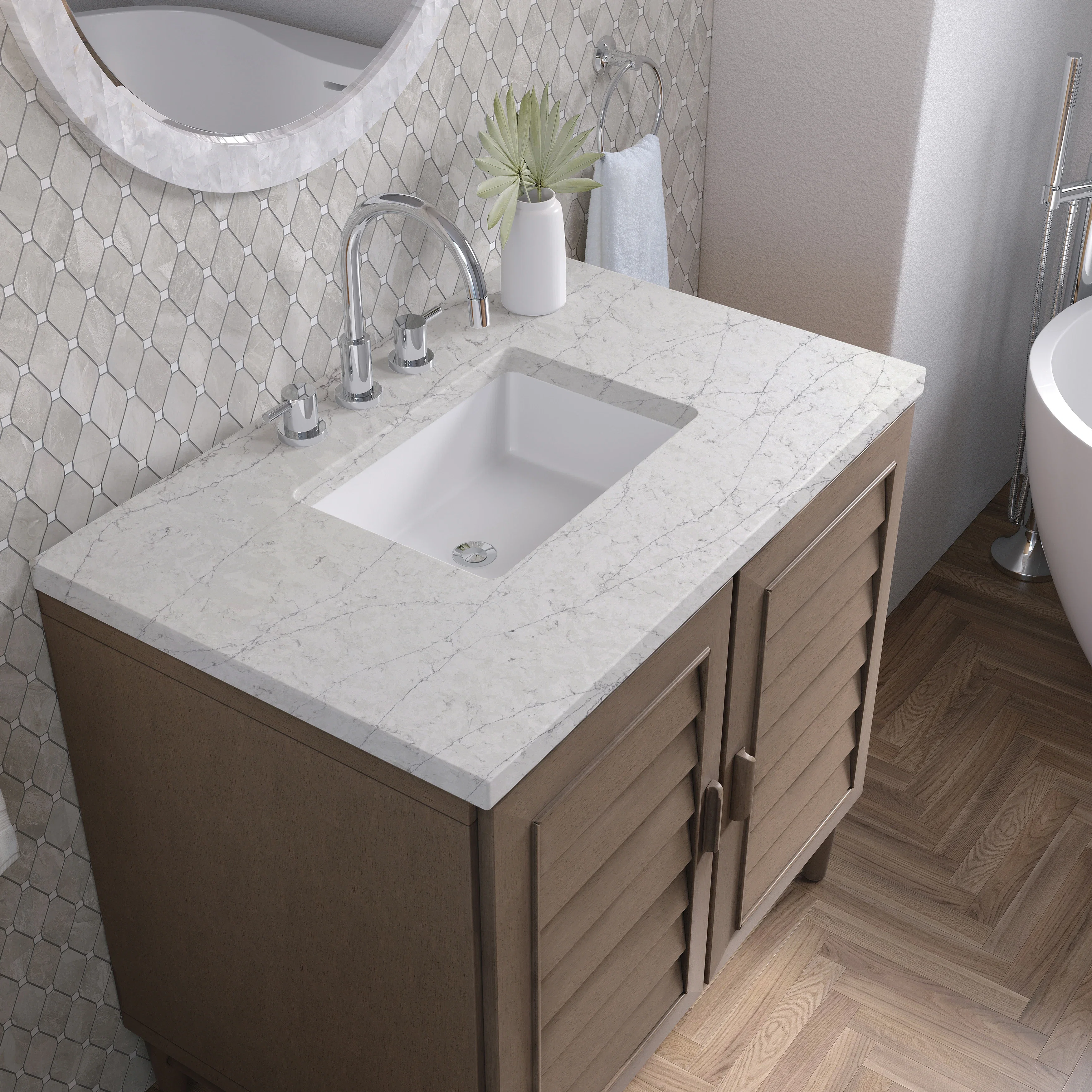 Portland 36" Single Vanity Whitewashed Walnut w/ 3 CM Eternal Jasmine Pearl Silestone Top