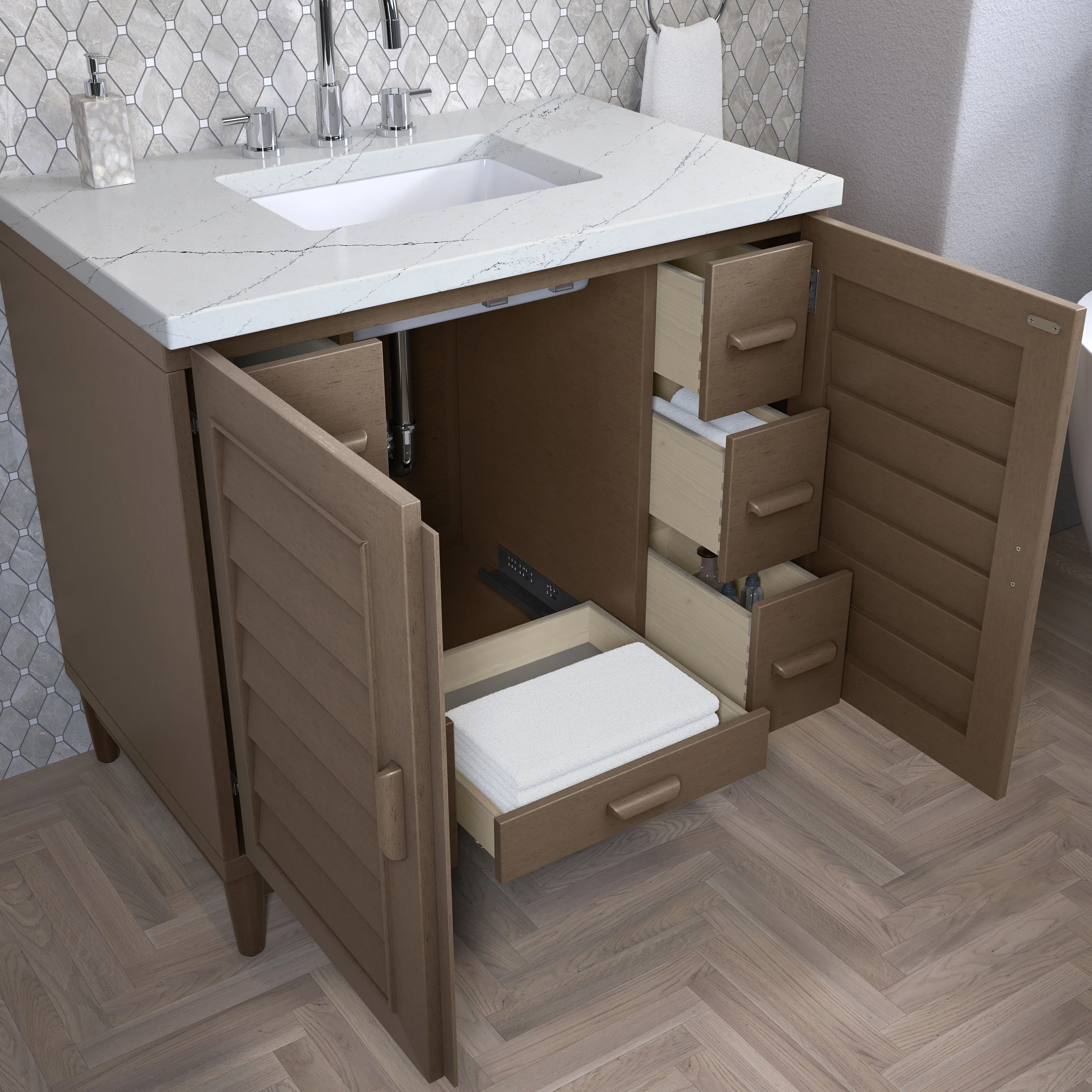 Portland 36" Single Vanity Whitewashed Walnut w/ 3 CM Ethereal Noctis Silestone Top