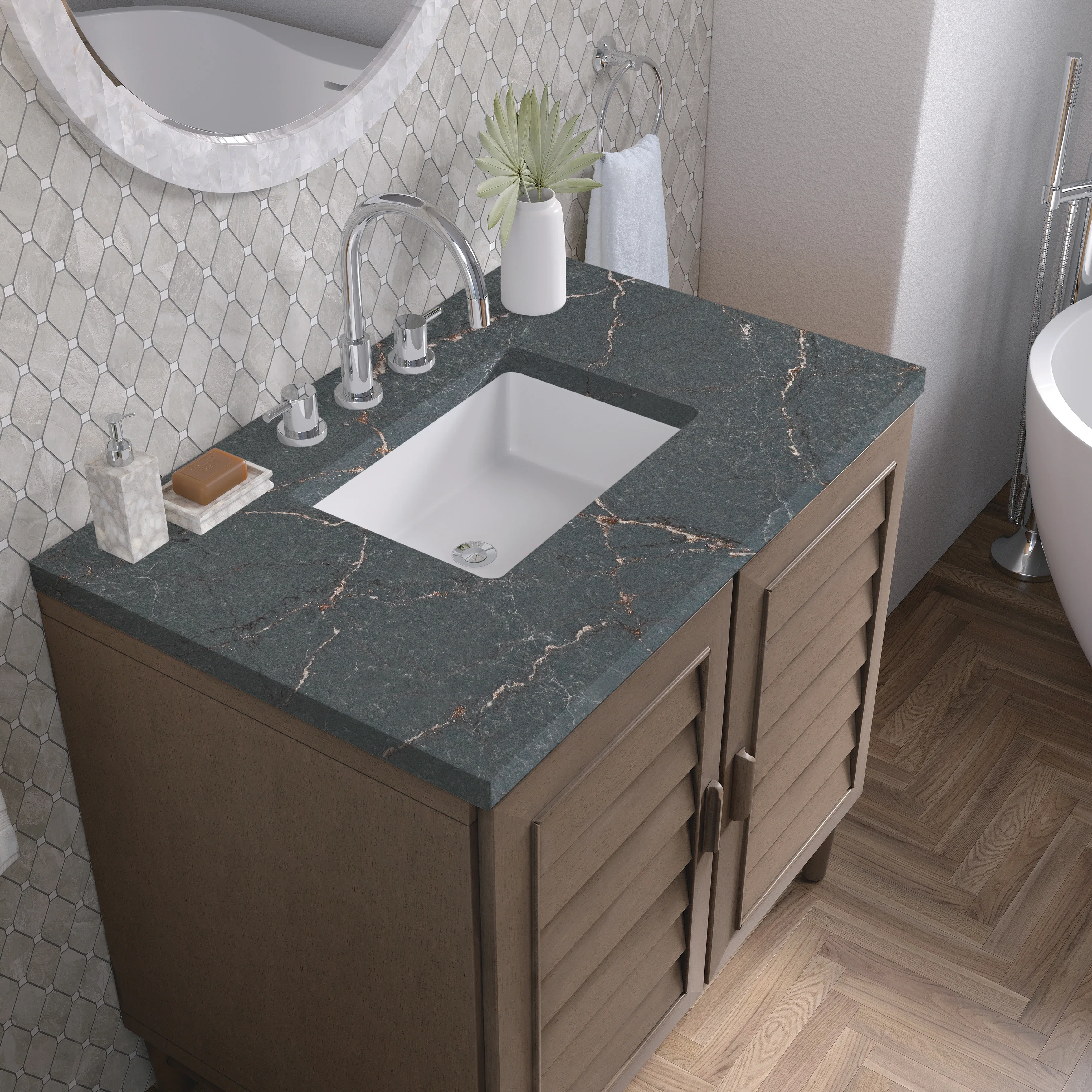 Portland 36" Single Vanity Whitewashed Walnut w/ 3 CM Parisien Bleu Silestone Top