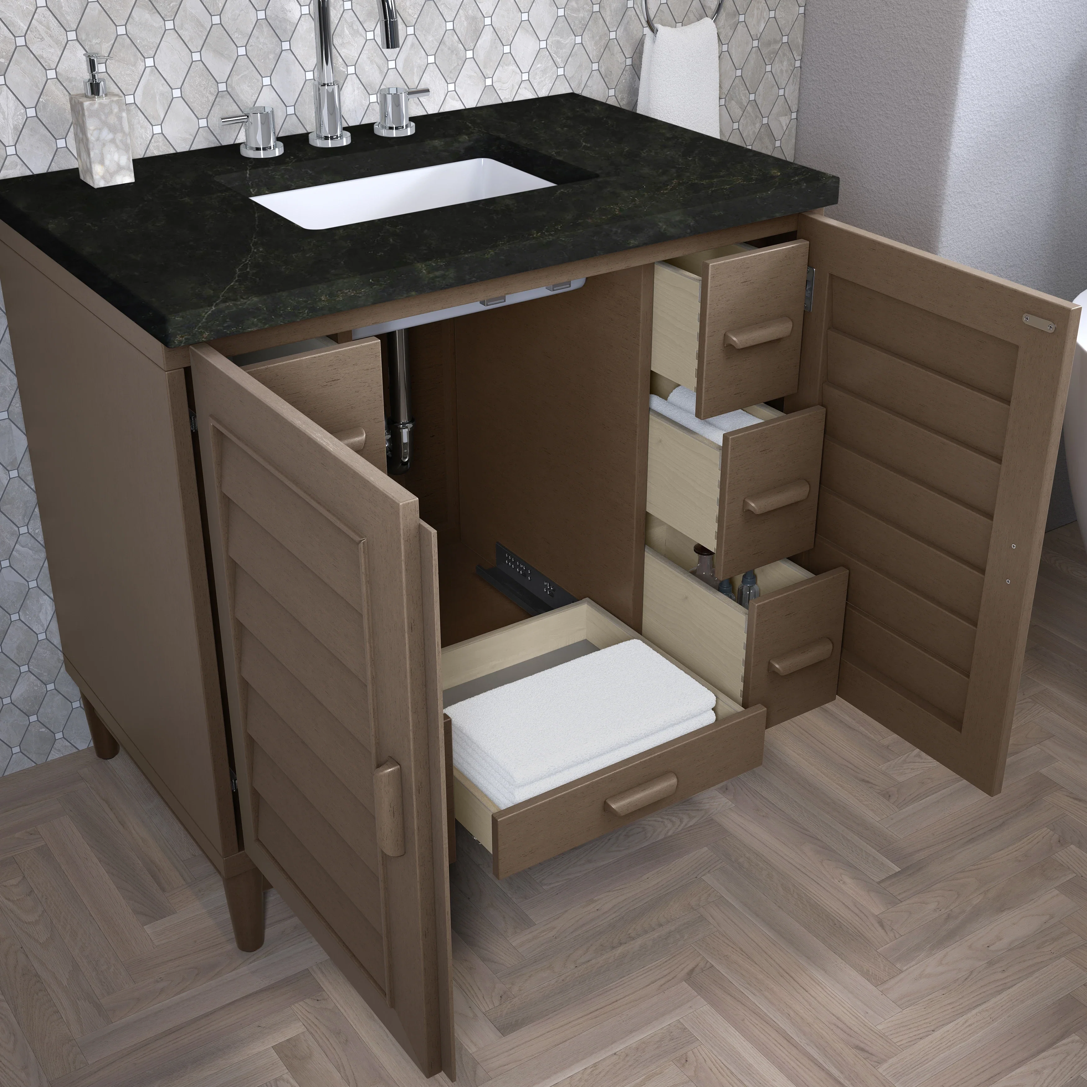 Portland 36" Single Vanity, Whitewashed Walnut, w/ 3 CM Phantome Eclos Top
