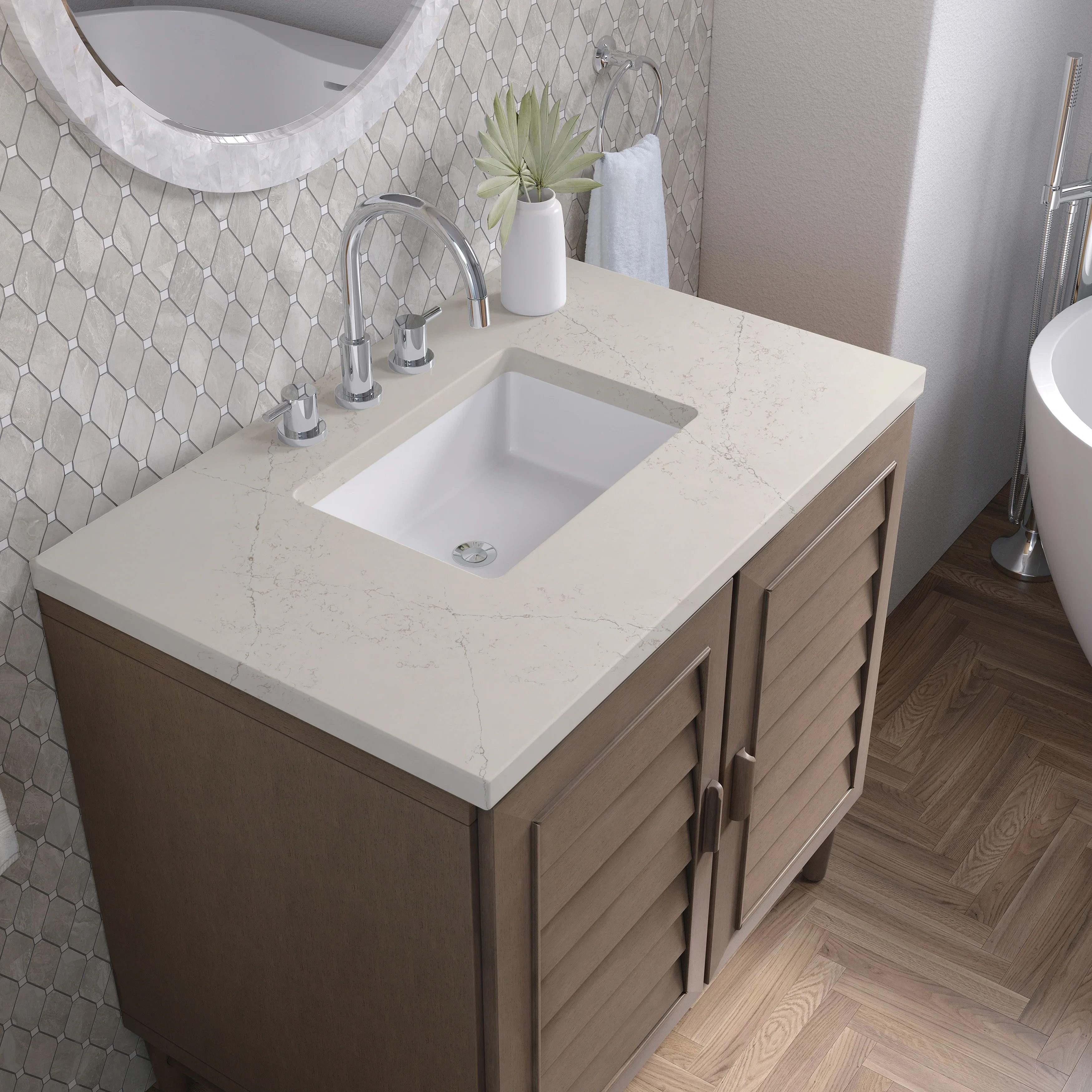 Portland 36" Single Vanity, Whitewashed Walnut, w/ 3 CM Siberian Silestone Top