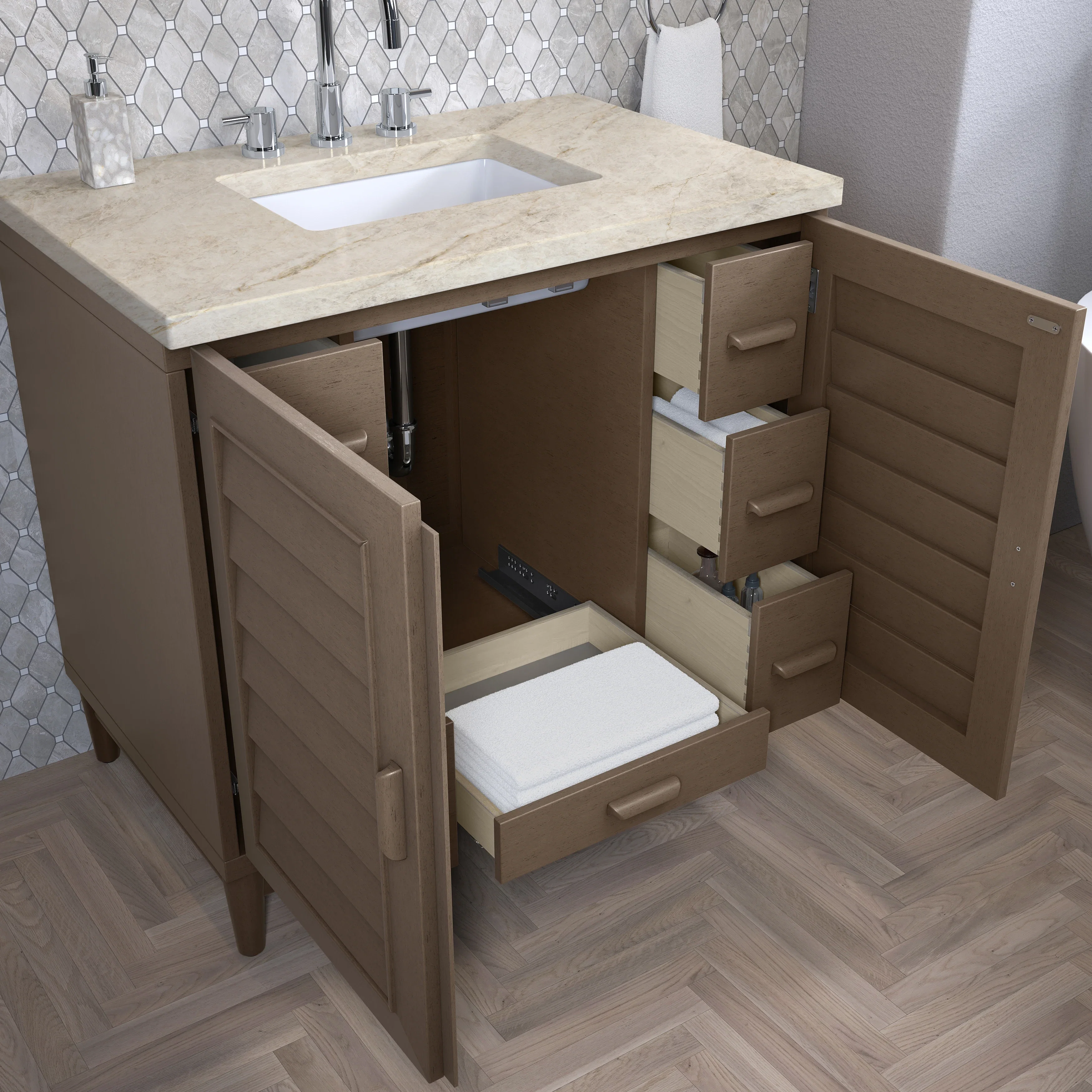 Portland 36" Single Vanity, Whitewashed Walnut, w/ 3 CM Tajnar Eclos Top