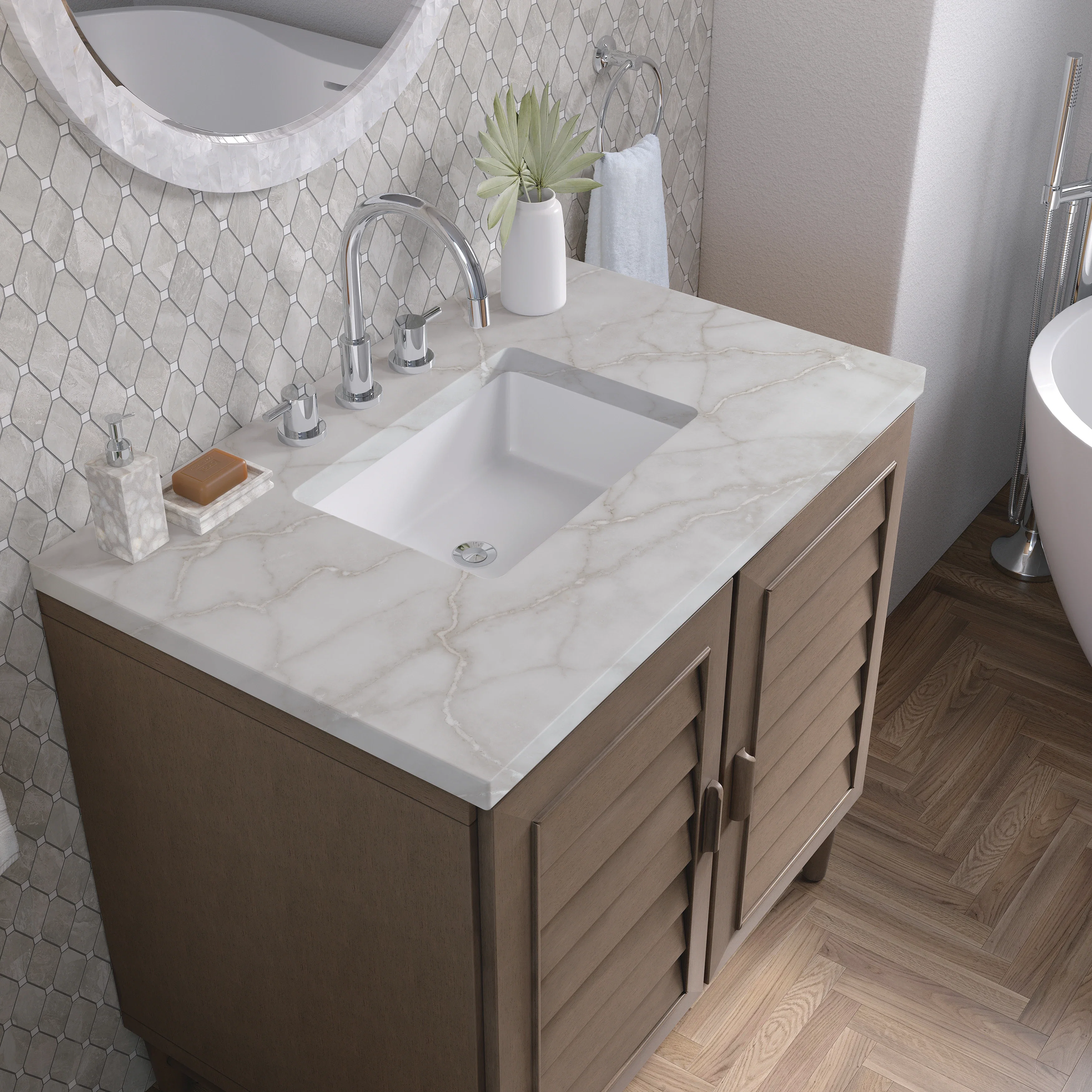 Portland 36" Single Vanity Whitewashed Walnut w/ 3 CM Victorian Silver Silestone Top