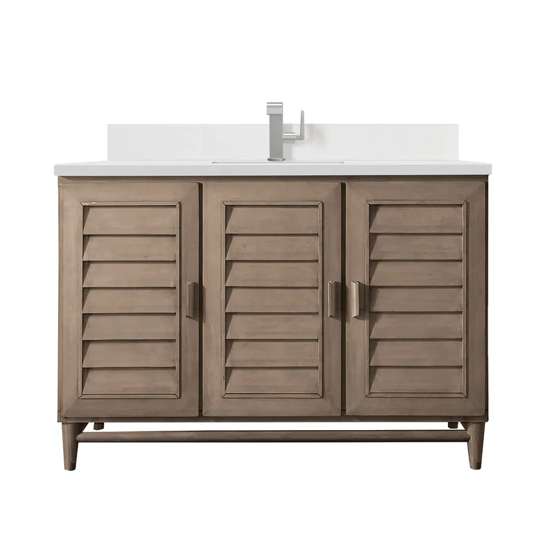 Portland 48" Single Vanity Whitewashed Walnut w/ Single Hole 3 CM White Zeus Silestone Top & Backsplash