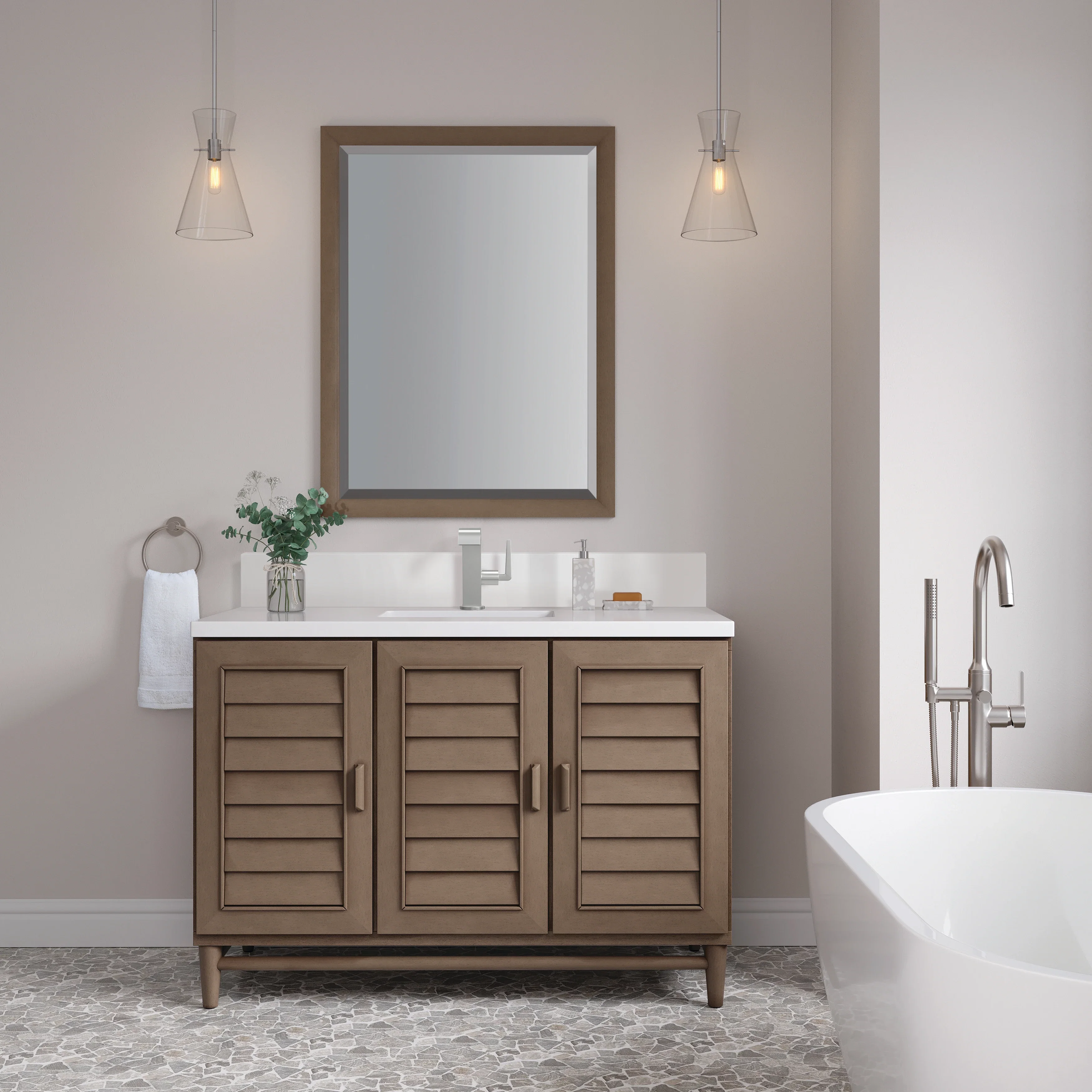 Portland 48" Single Vanity Whitewashed Walnut w/ Single Hole 3 CM White Zeus Silestone Top & Backsplash
