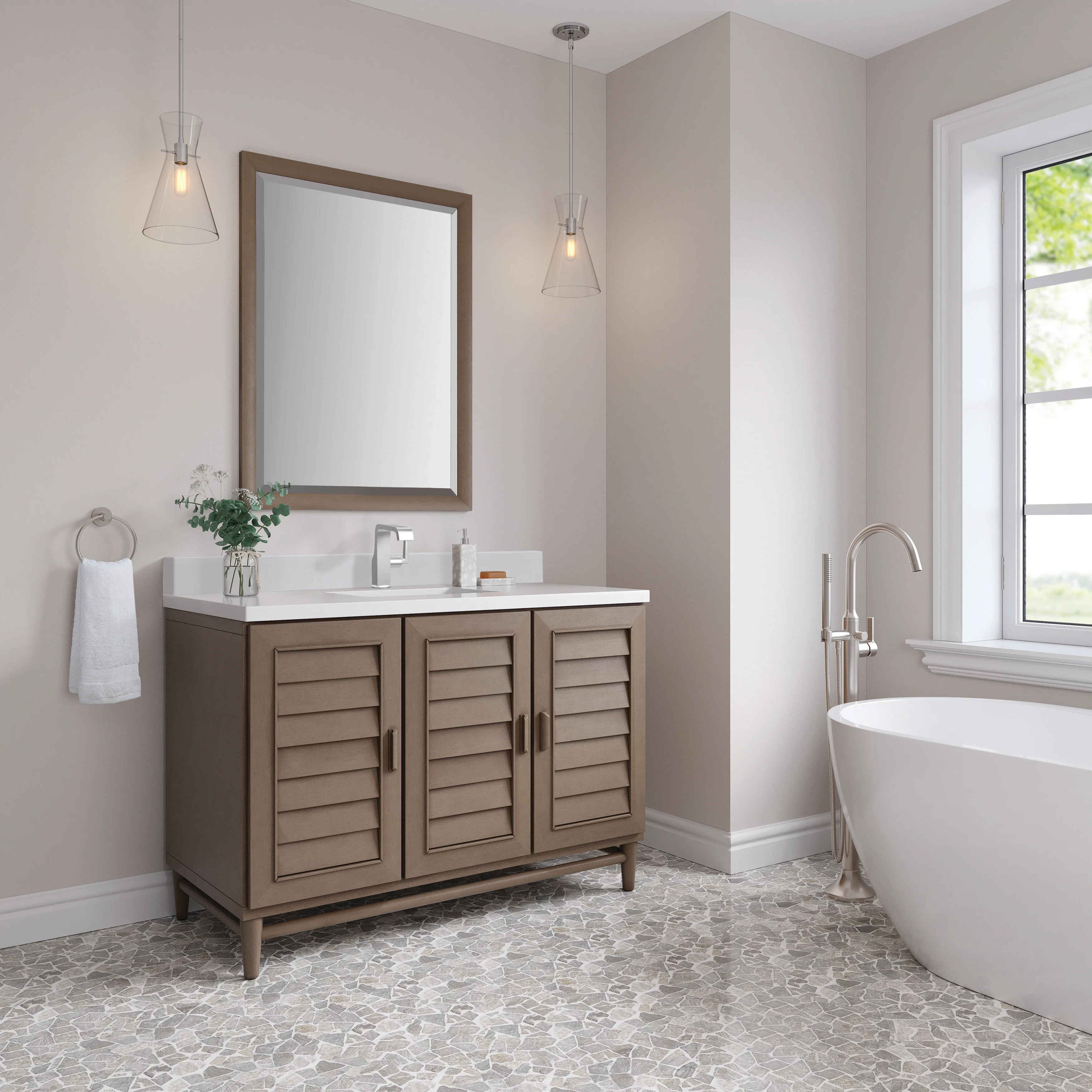 Portland 48" Single Vanity Whitewashed Walnut w/ Single Hole 3 CM White Zeus Silestone Top & Backsplash