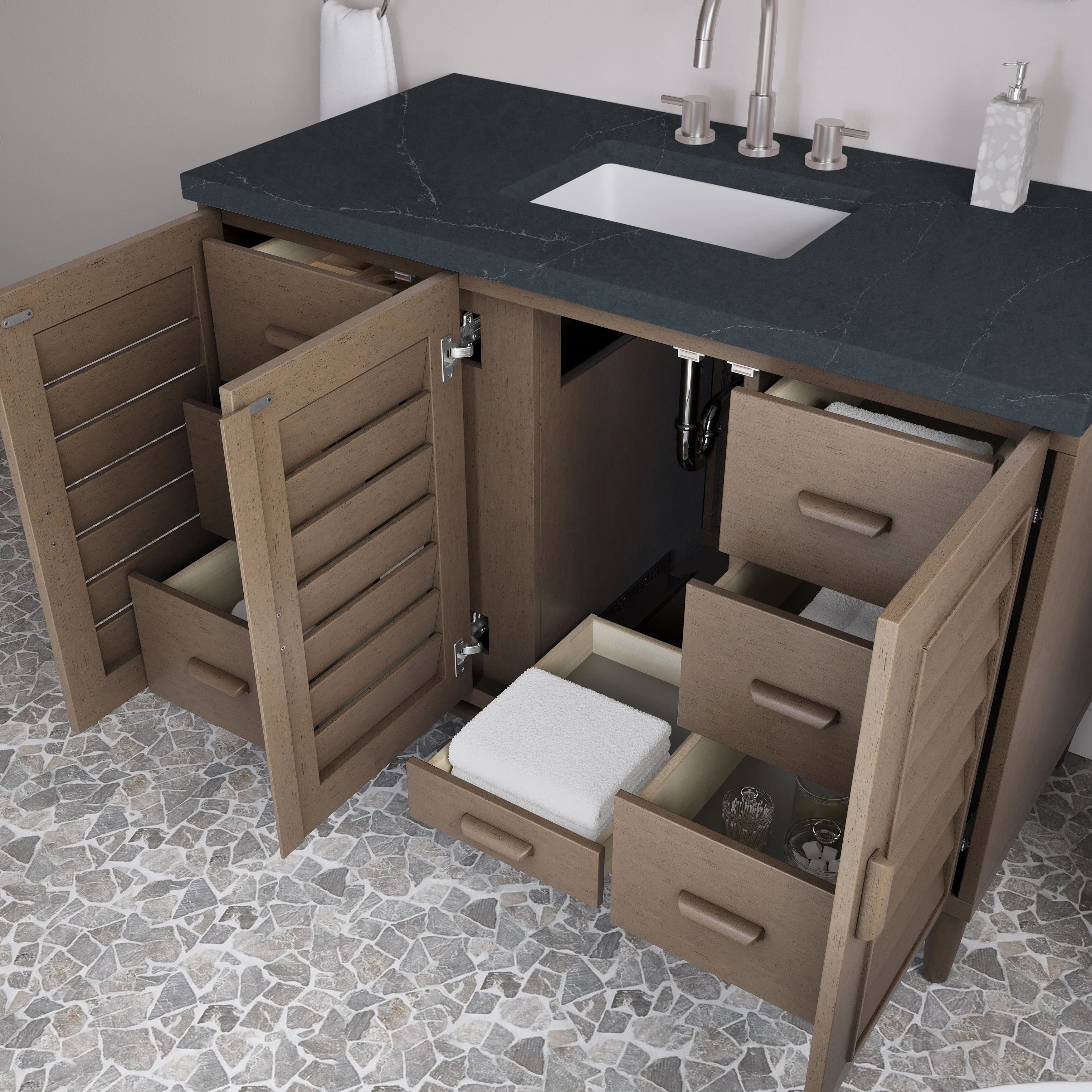 Portland 48" Single Vanity Whitewashed Walnut w/ 3 CM Charcoal Soapstone Silestone Top