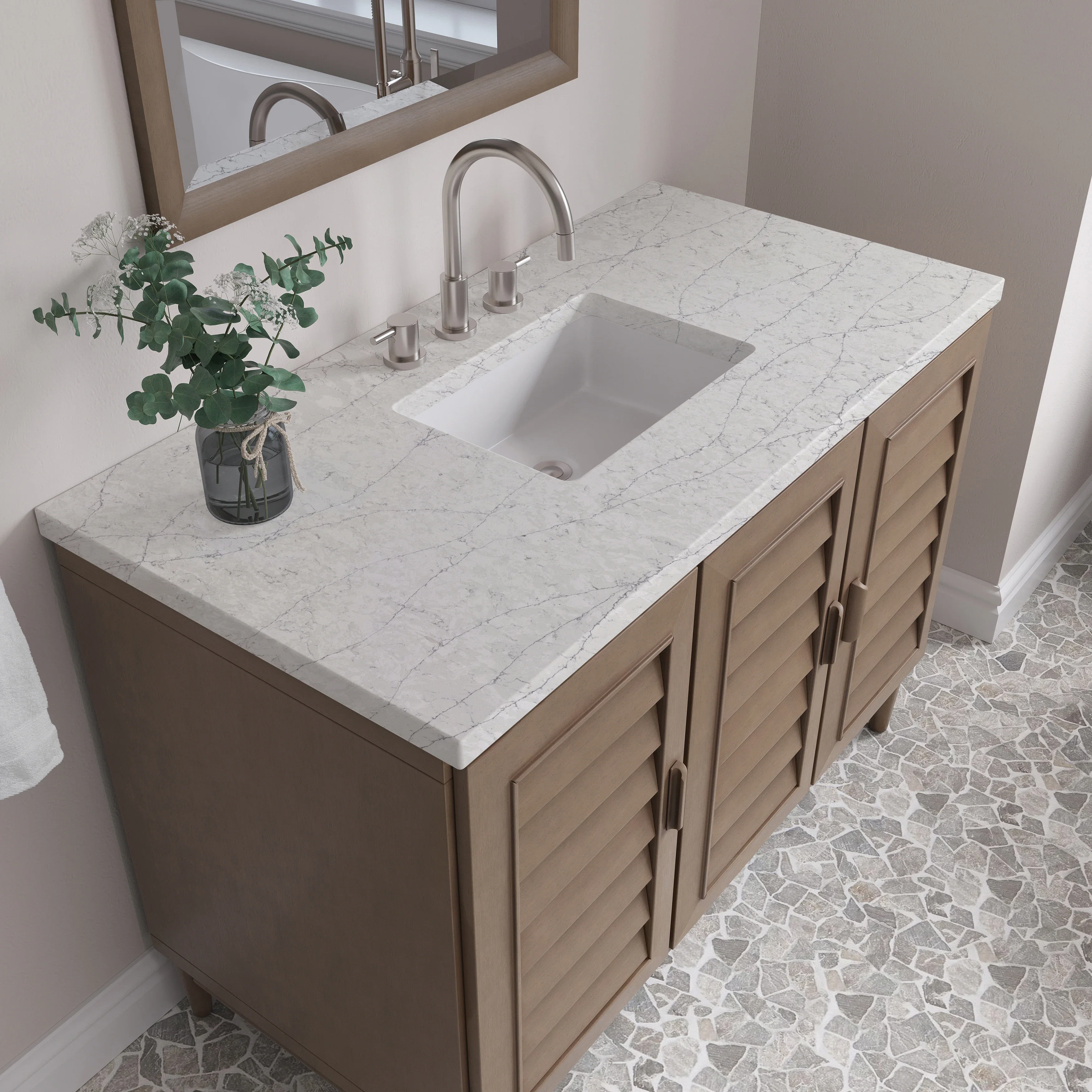Portland 48" Single Vanity Whitewashed Walnut w/ 3 CM Eternal Jasmine Pearl Silestone Top w/FreePower Wireless Charger