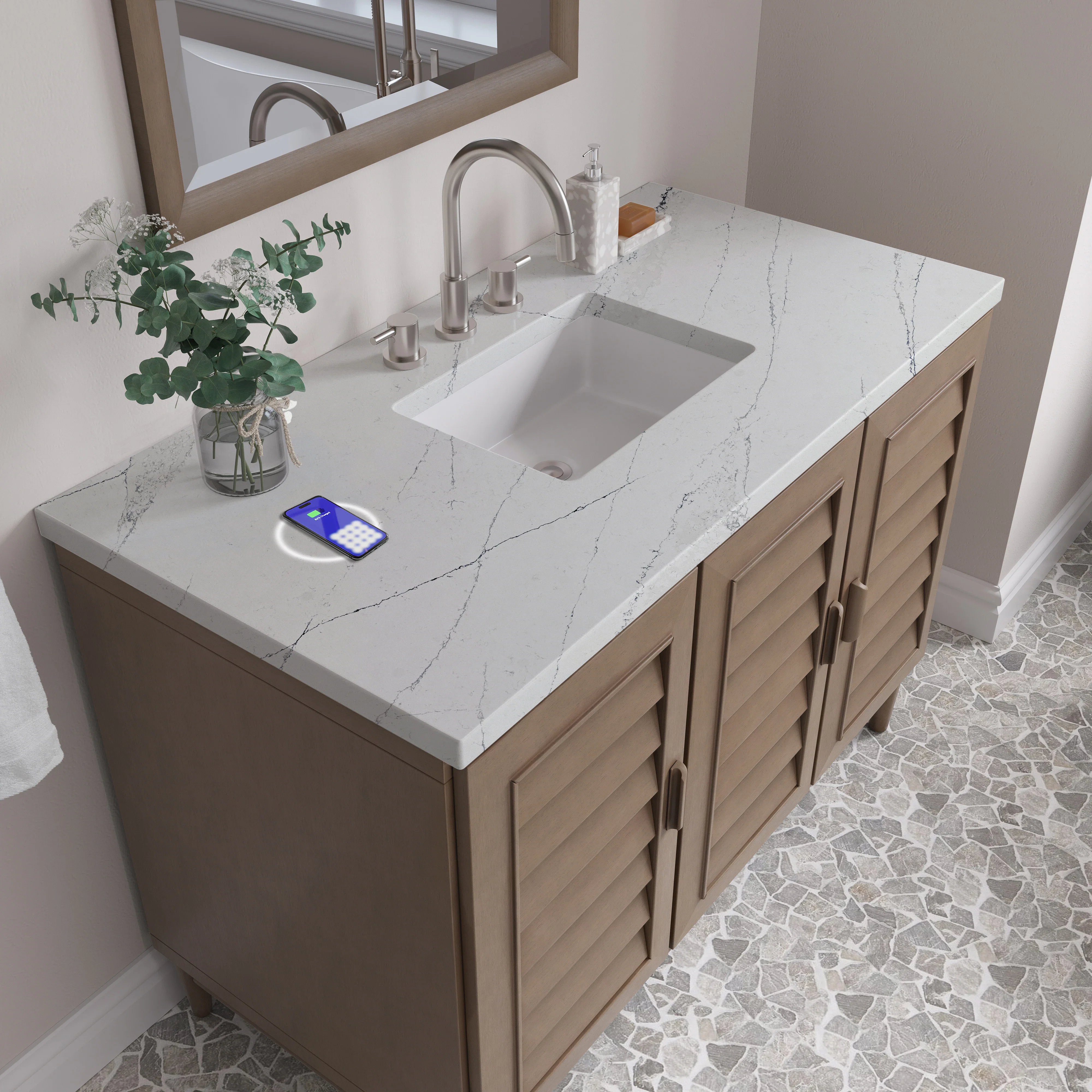 Portland 48" Single Vanity Whitewashed Walnut w/ 3 CM Ethereal Noctis Silestone Top w/FreePower Wireless Charger