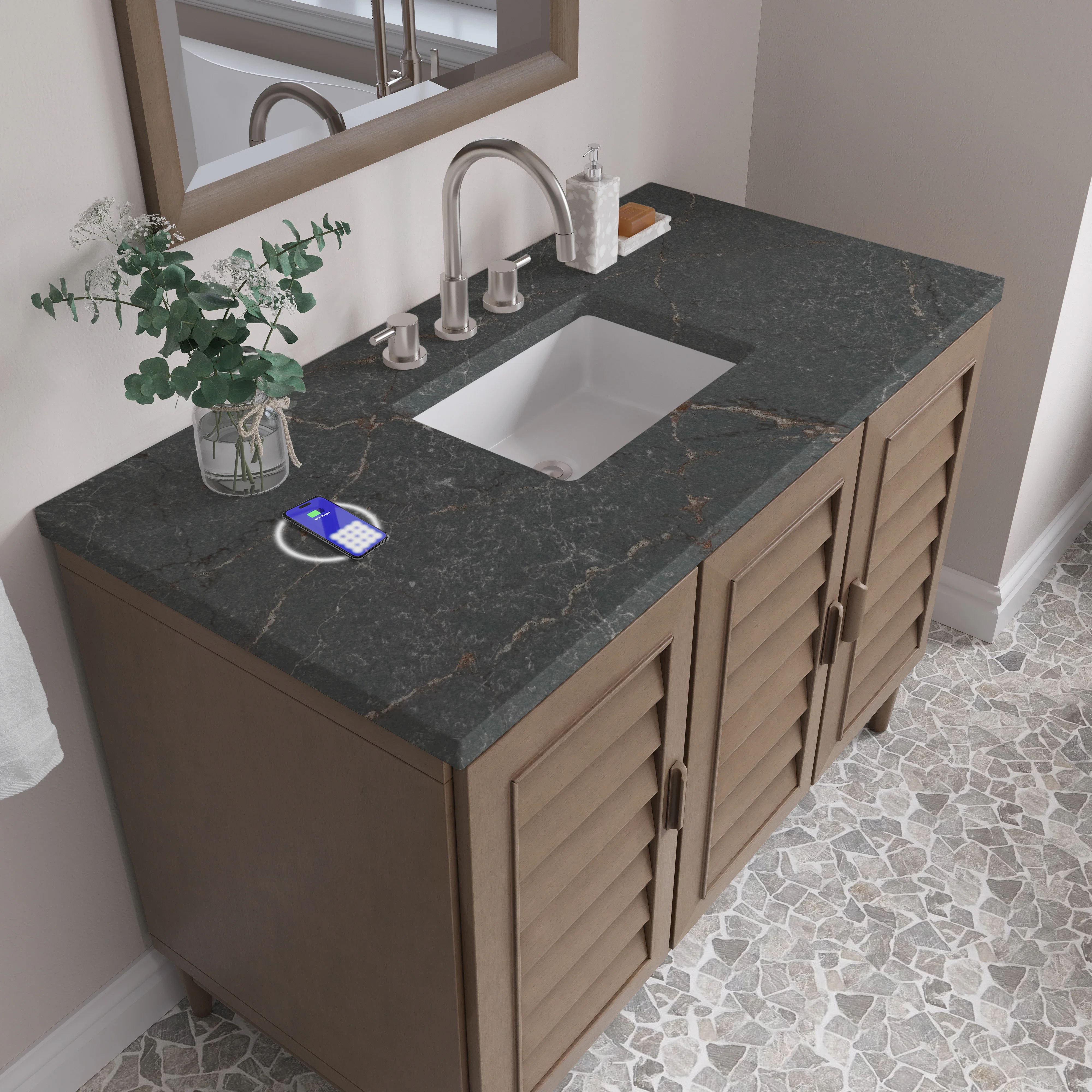 Portland 48" Single Vanity Whitewashed Walnut w/ 3 CM Parisien Bleu Silestone Top w/FreePower Wireless Charger
