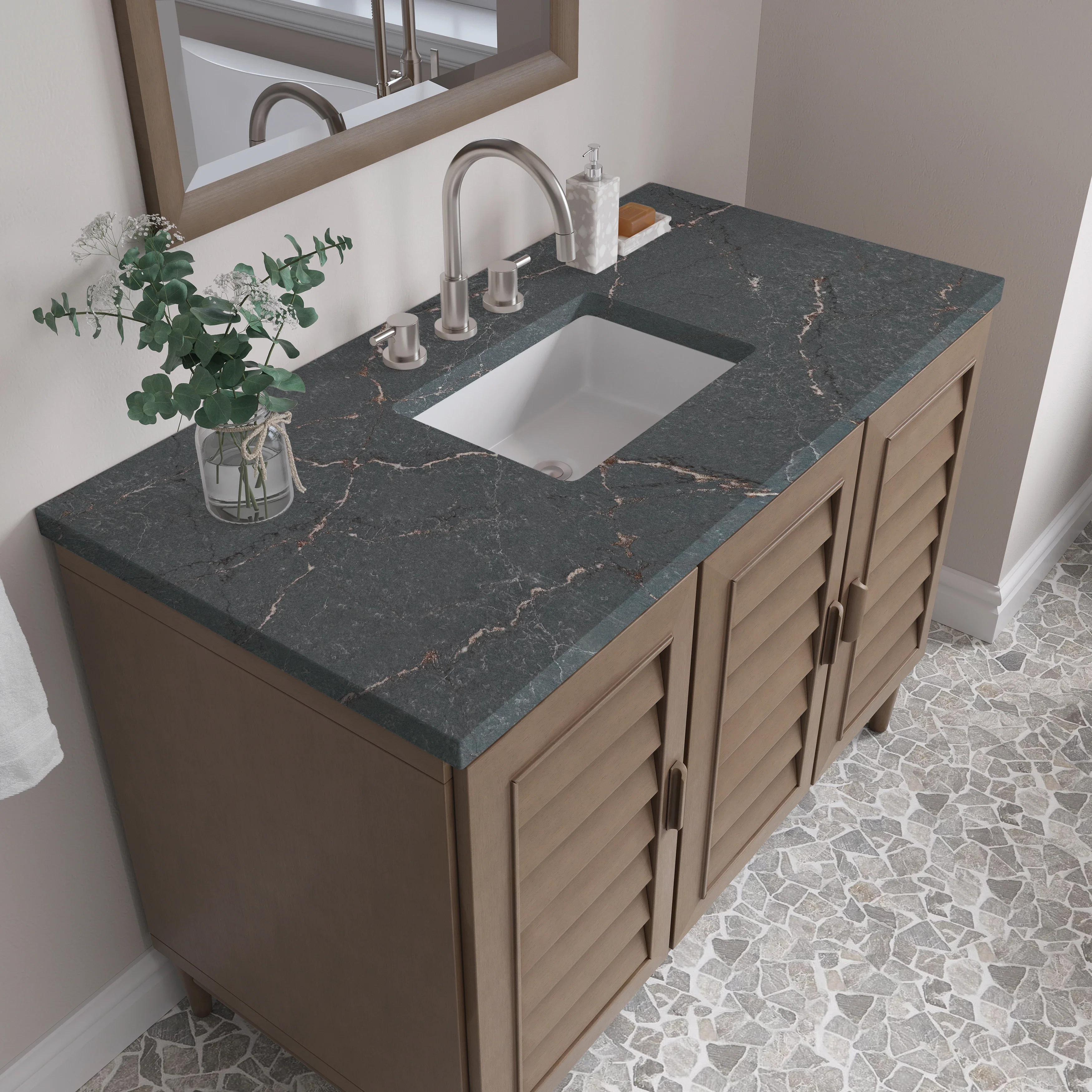 Portland 48" Single Vanity Whitewashed Walnut w/ 3 CM Parisien Bleu Silestone Top w/FreePower Wireless Charger