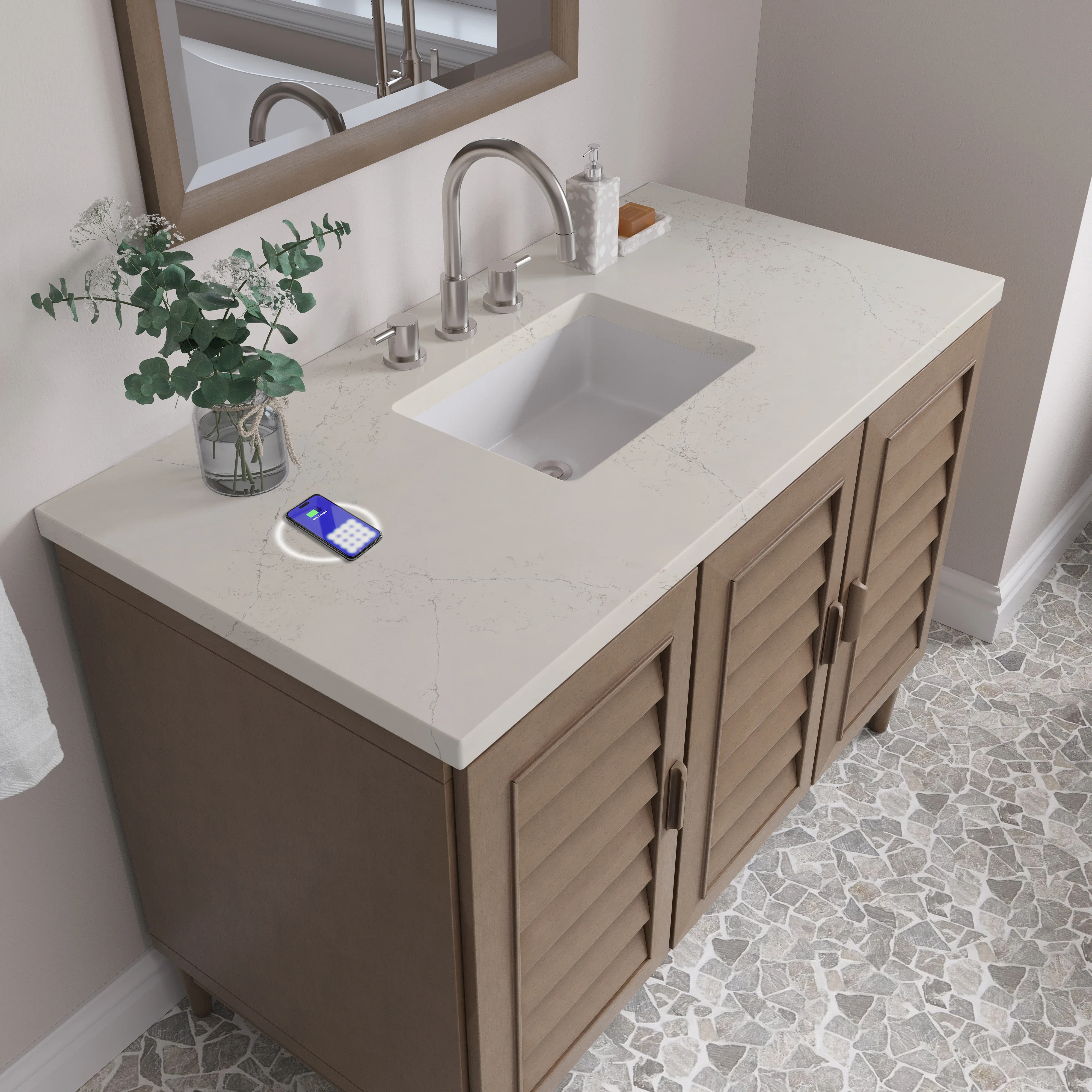 Portland 48" Single Vanity, Whitewashed Walnut, w/ 3 CM Siberian Silestone Top w/FreePower Wireless Charger