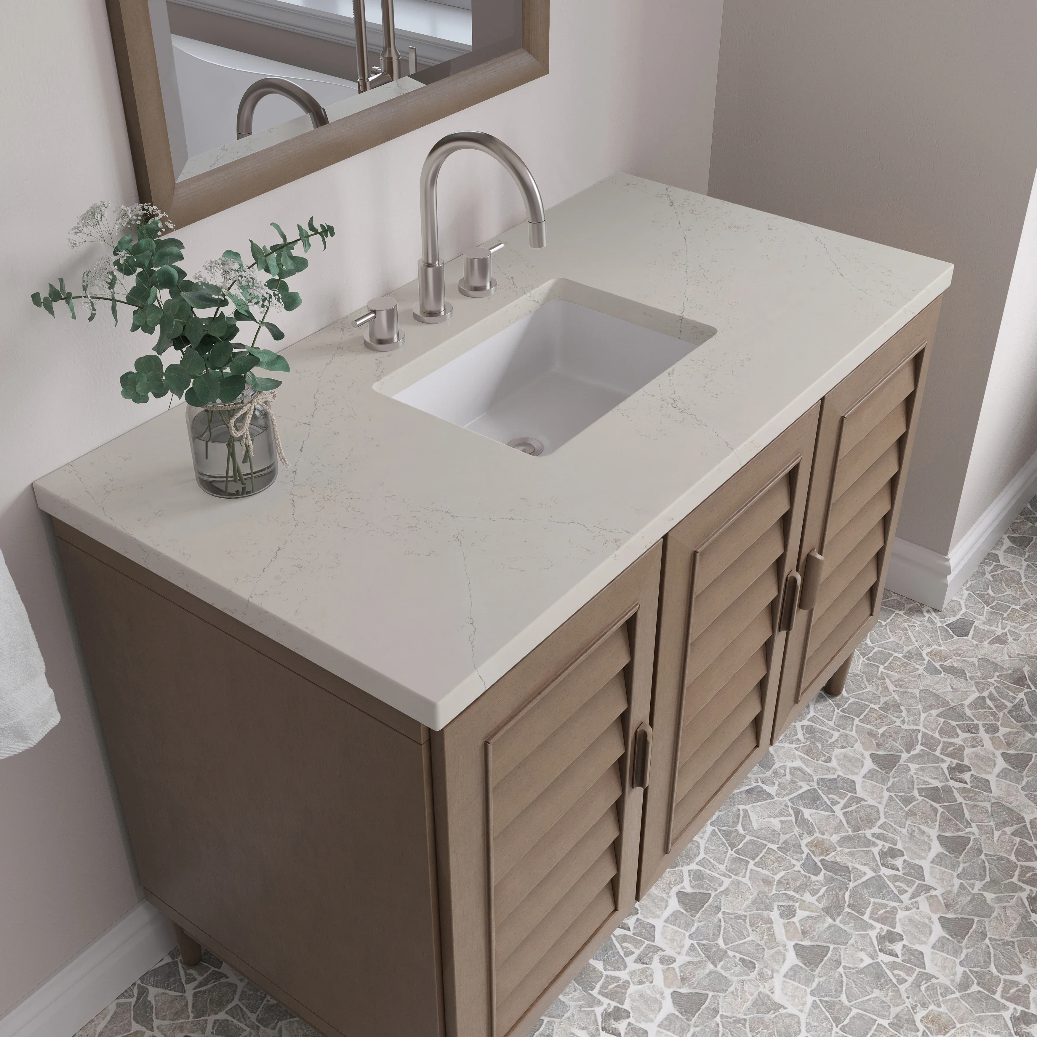 Portland 48" Single Vanity, Whitewashed Walnut, w/ 3 CM Siberian Silestone Top w/FreePower Wireless Charger