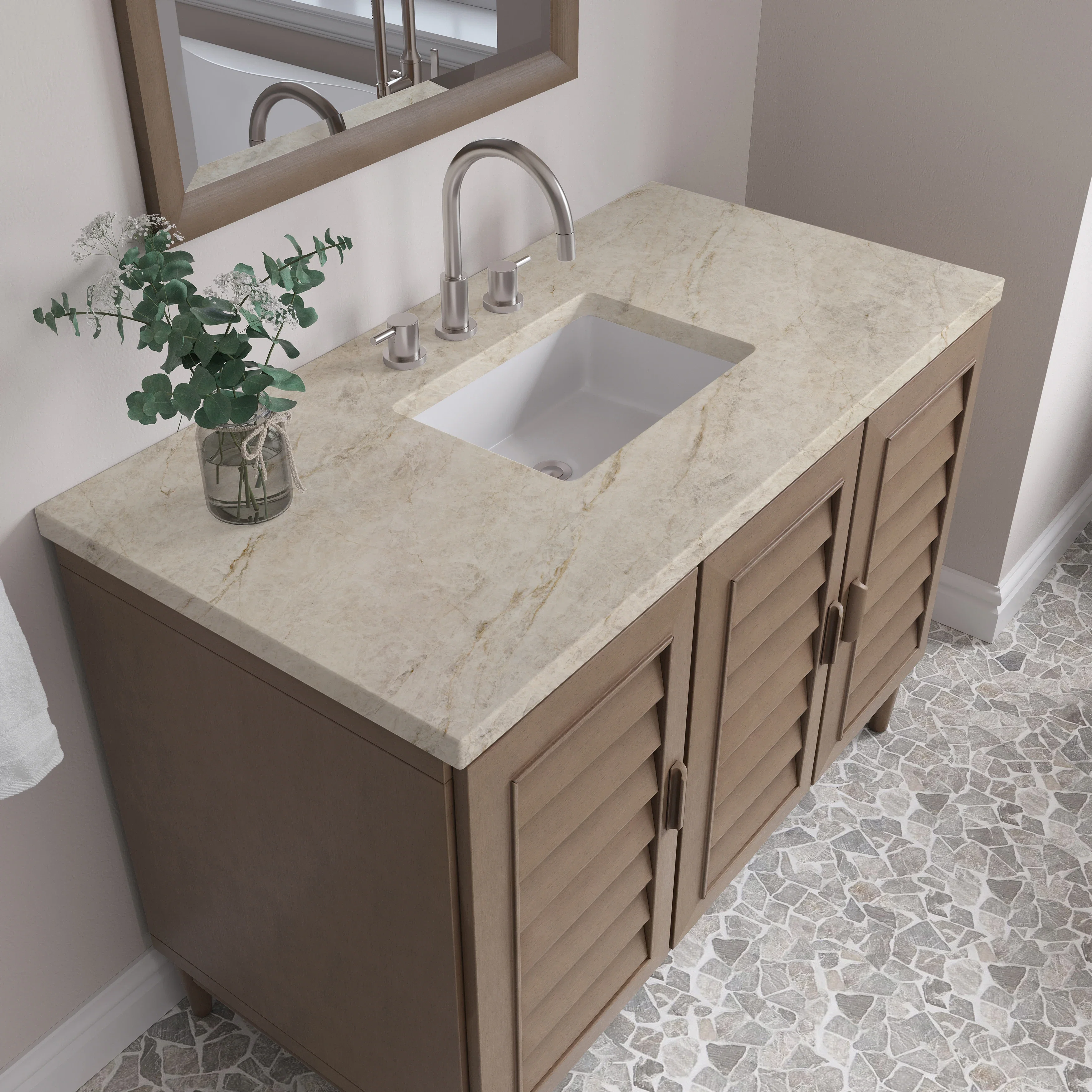 Portland 48" Single Vanity, Whitewashed Walnut, w/ 3 CM Tajnar Eclos Top w/FreePower Wireless Charger