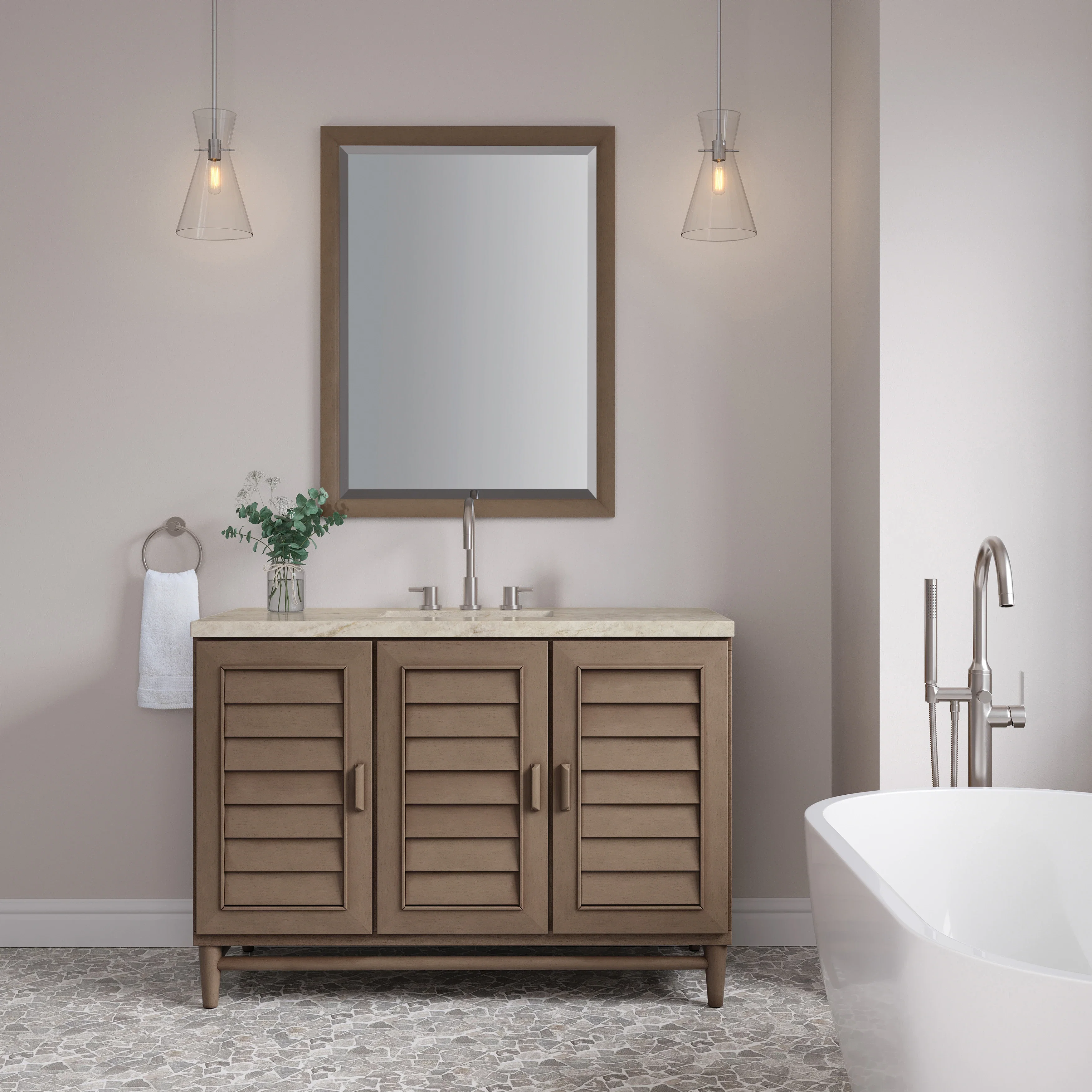 Portland 48" Single Vanity, Whitewashed Walnut, w/ 3 CM Tajnar Eclos Top w/FreePower Wireless Charger