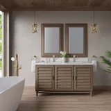 Portland 60" Double Vanity Whitewashed Walnut w/ Single Hole 3 CM White Zeus Silestone Top & Backsplash