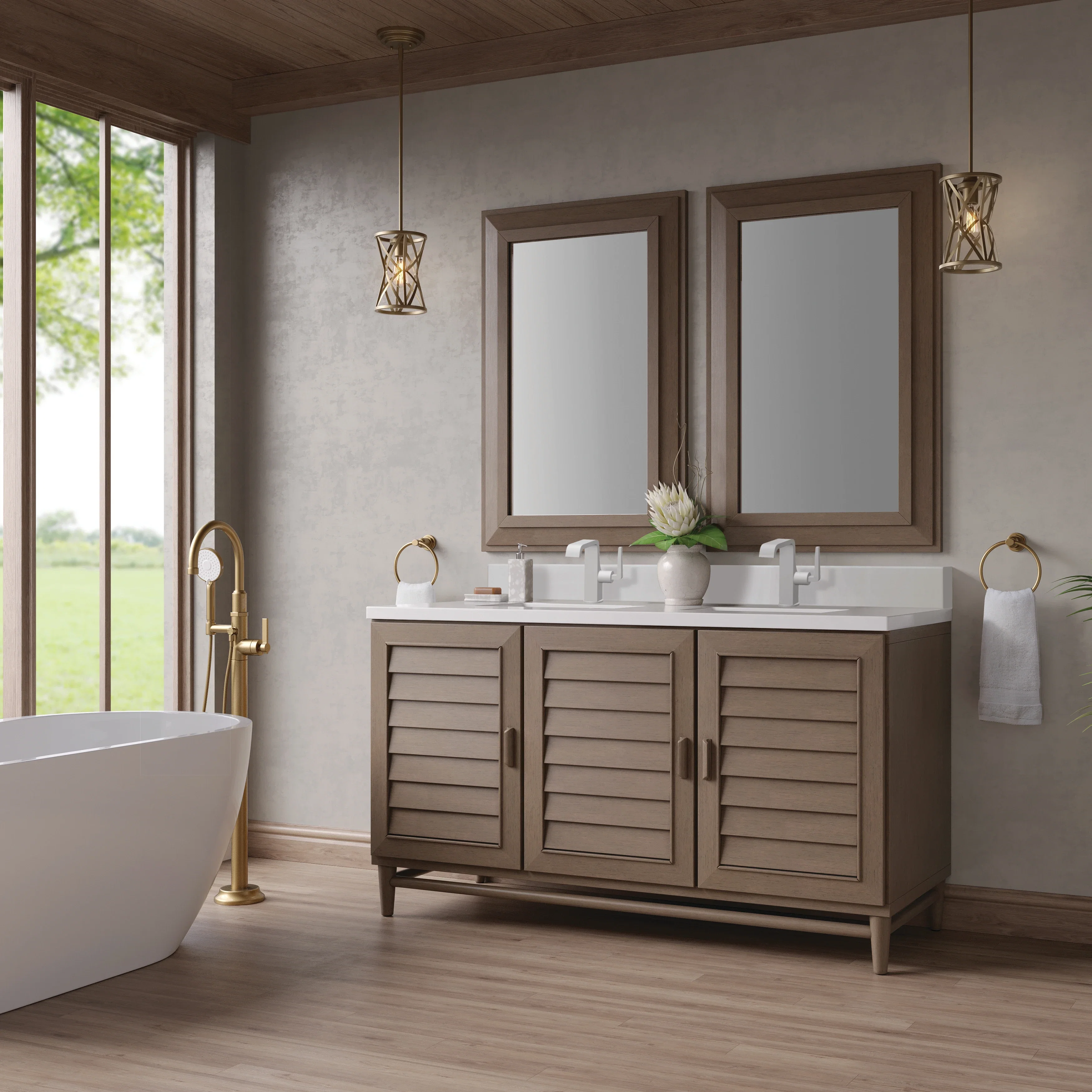 Portland 60" Double Vanity Whitewashed Walnut w/ Single Hole 3 CM White Zeus Silestone Top & Backsplash