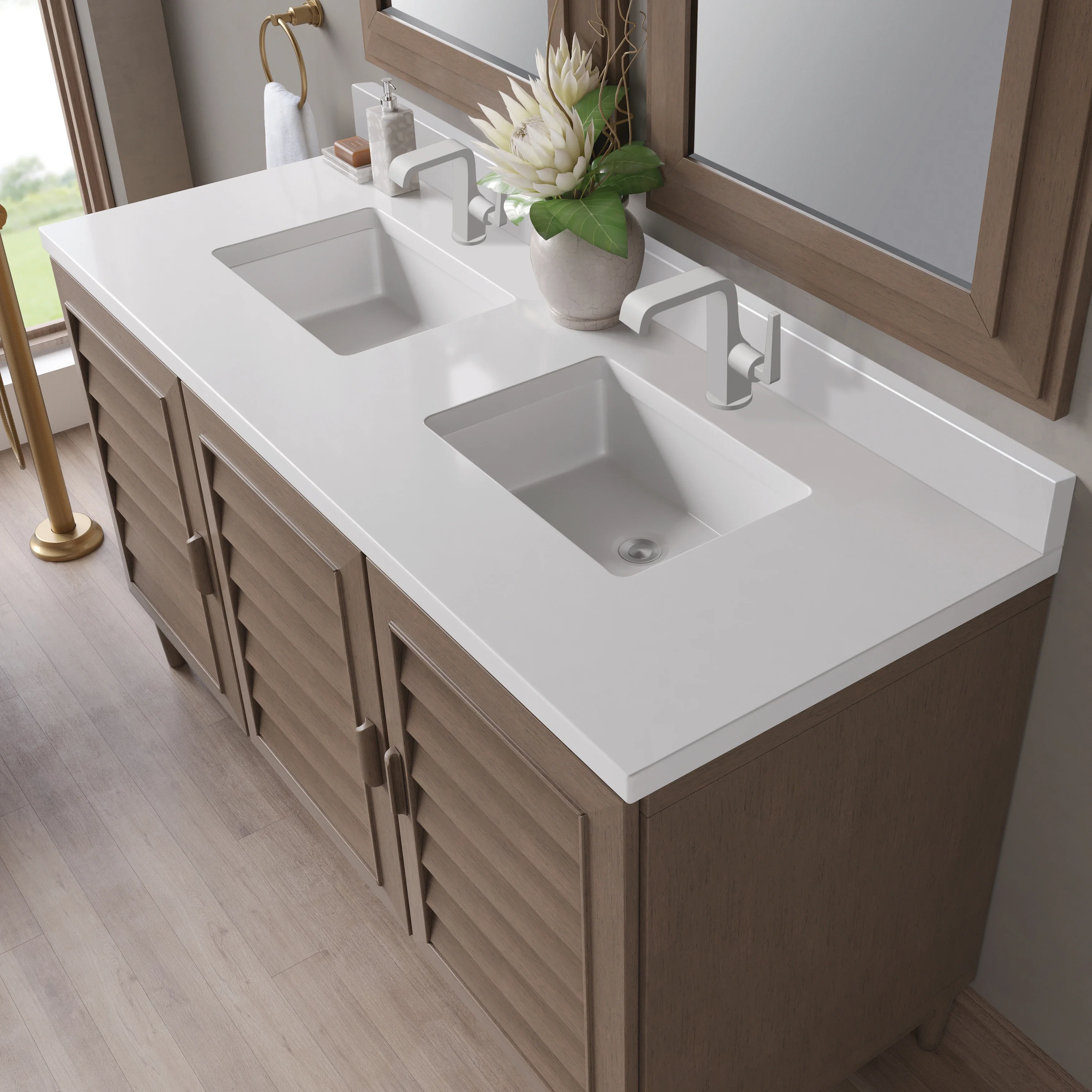 Portland 60" Double Vanity Whitewashed Walnut w/ Single Hole 3 CM White Zeus Silestone Top & Backsplash