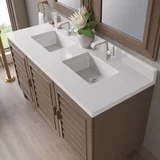 Portland 60" Double Vanity Whitewashed Walnut w/ Single Hole 3 CM White Zeus Silestone Top & Backsplash