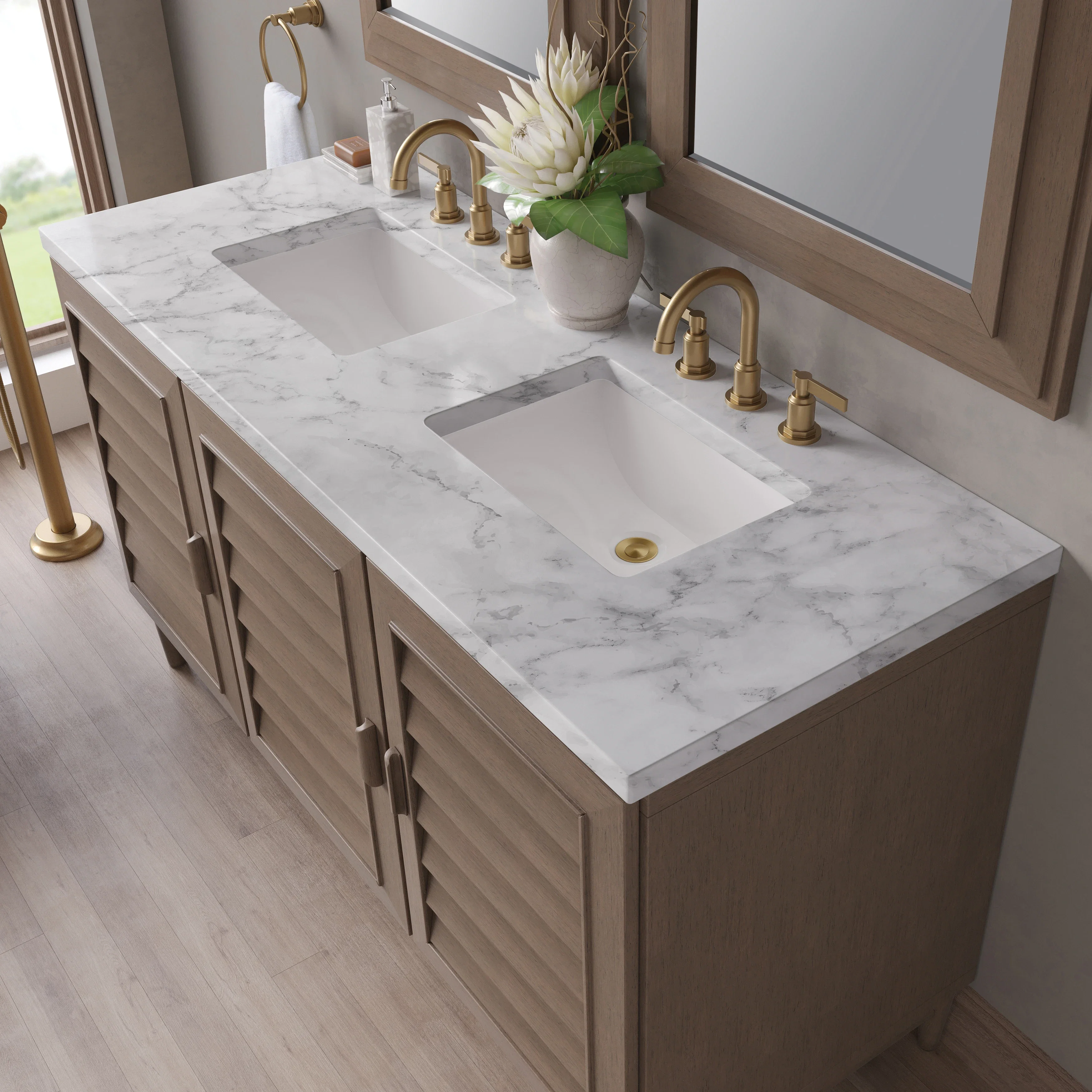 Portland 60" Double Vanity Whitewashed Walnut w/ 3 CM Carrara Marble Top