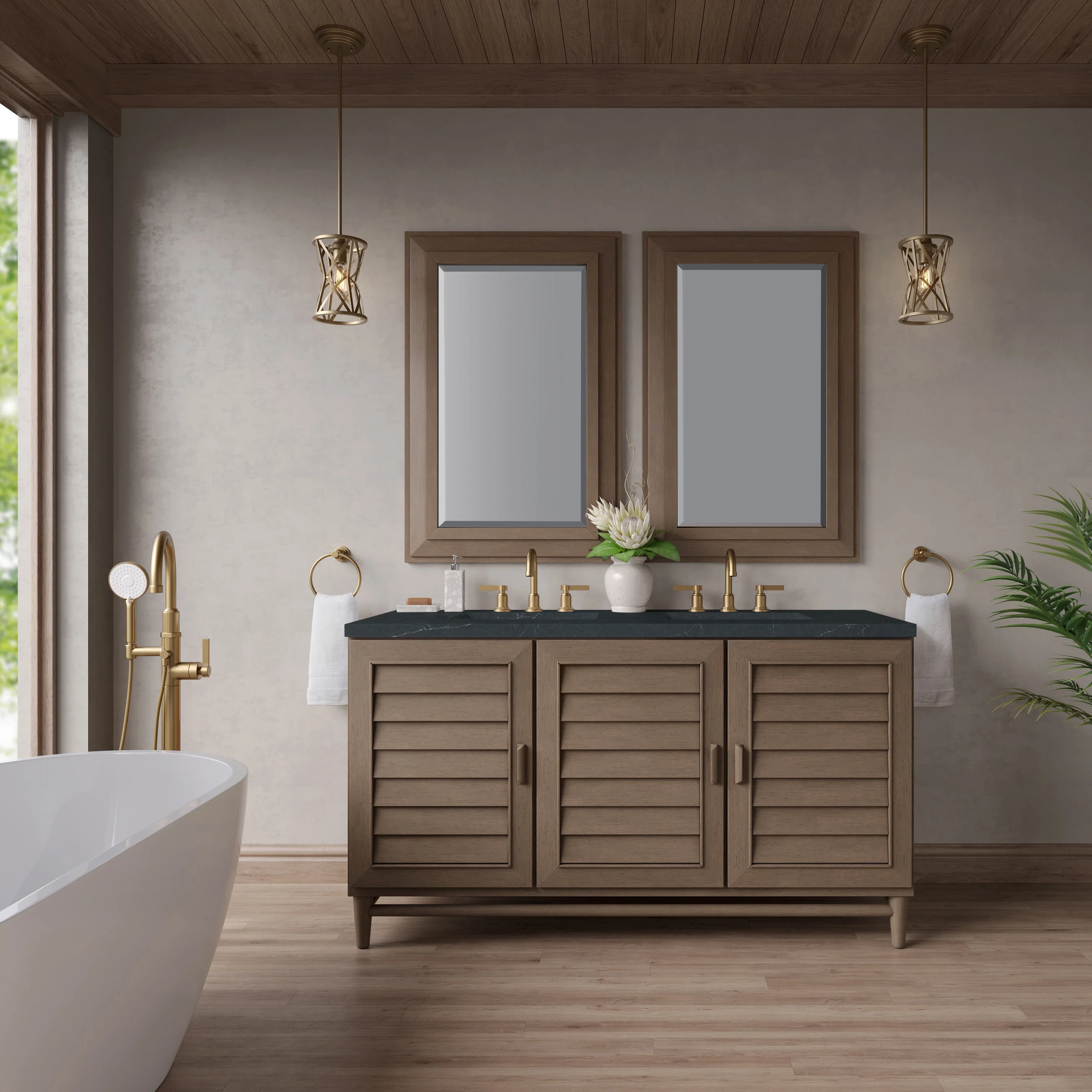 Portland 60" Double Vanity Whitewashed Walnut w/ 3 CM Charcoal Soapstone Silestone Top
